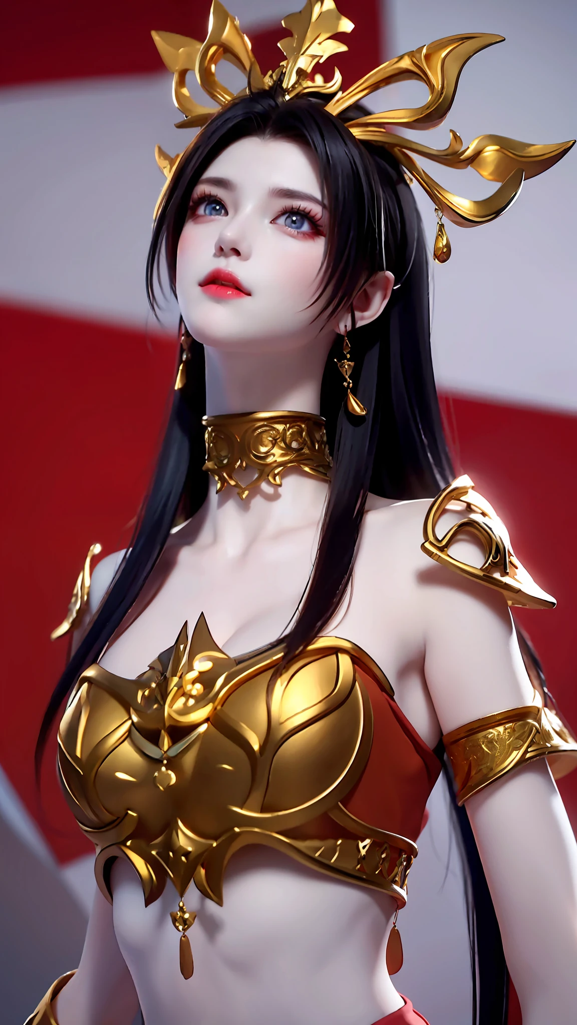 Excellent, masterpiece, black hair, golden eyes, red group, looking up, upper body, hair, red theme