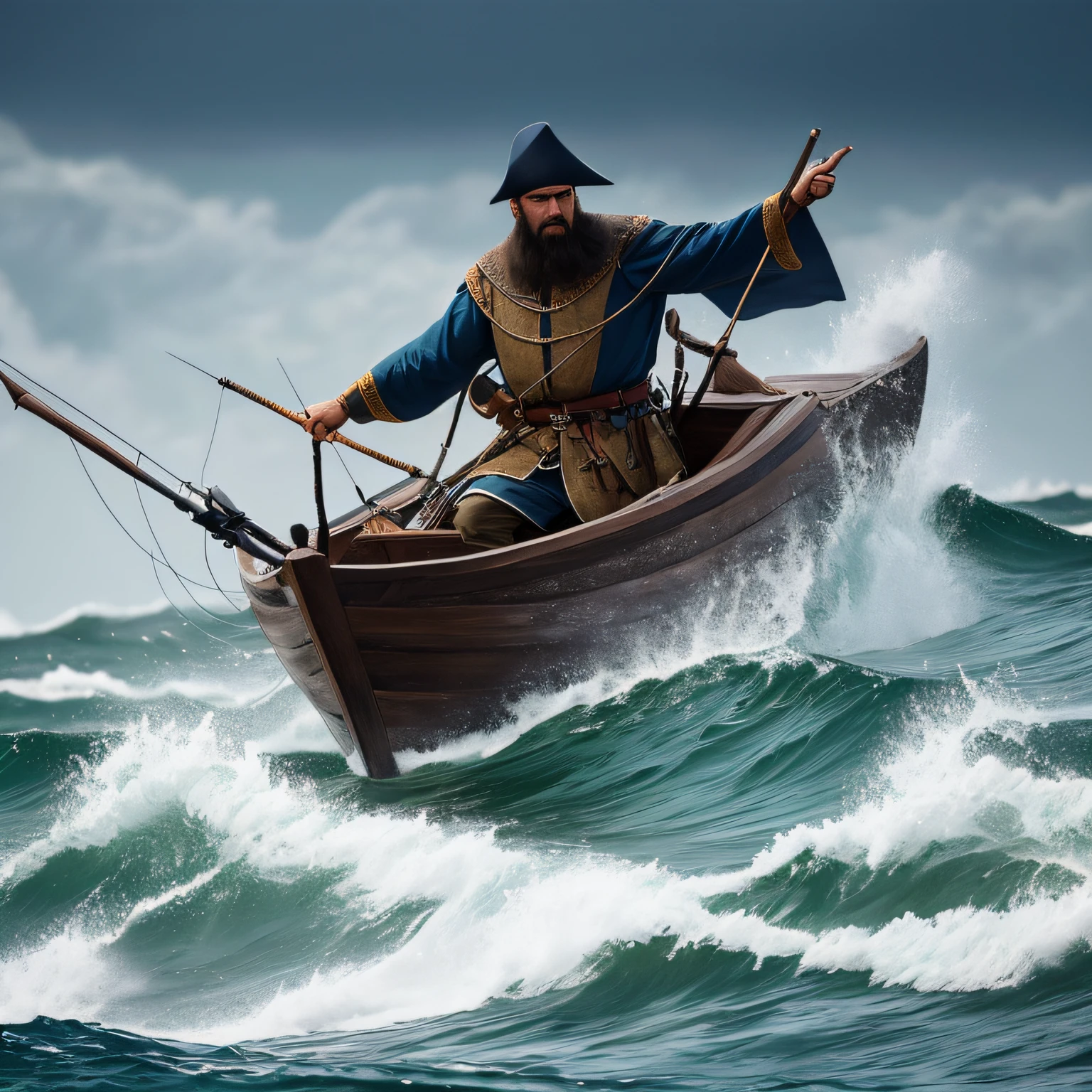 foto de um marinheiro medieval grisalho mais velho com roupas de pescador com rugas no rosto, oceano, ondas, penhasco de montanha com ondas quebrando, tempestuoso, sinistro, mal, (background lighting: 1.3), pintura digital, arte conceitual, suave, foco nítido, thirds rule, fantasia sombria, detalhes intrincados, Medium plan --auto