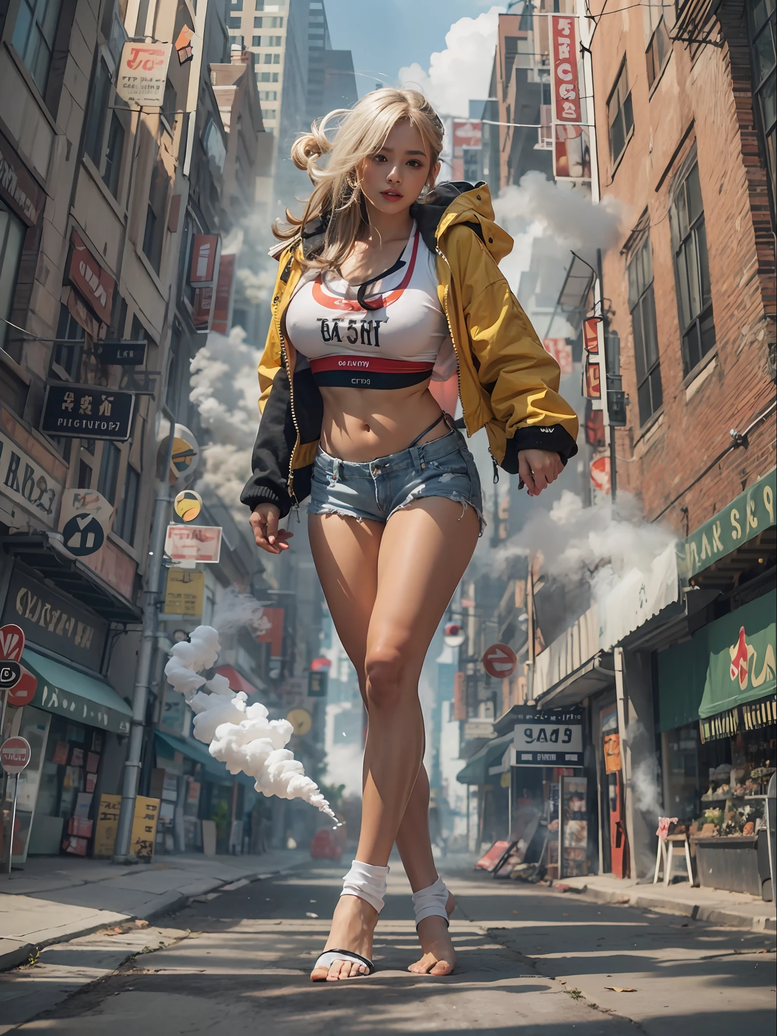 Giant Akari in crop top and jacket, Barefoot, athletic bodies, gts city, city buildings, Smoke, Evil