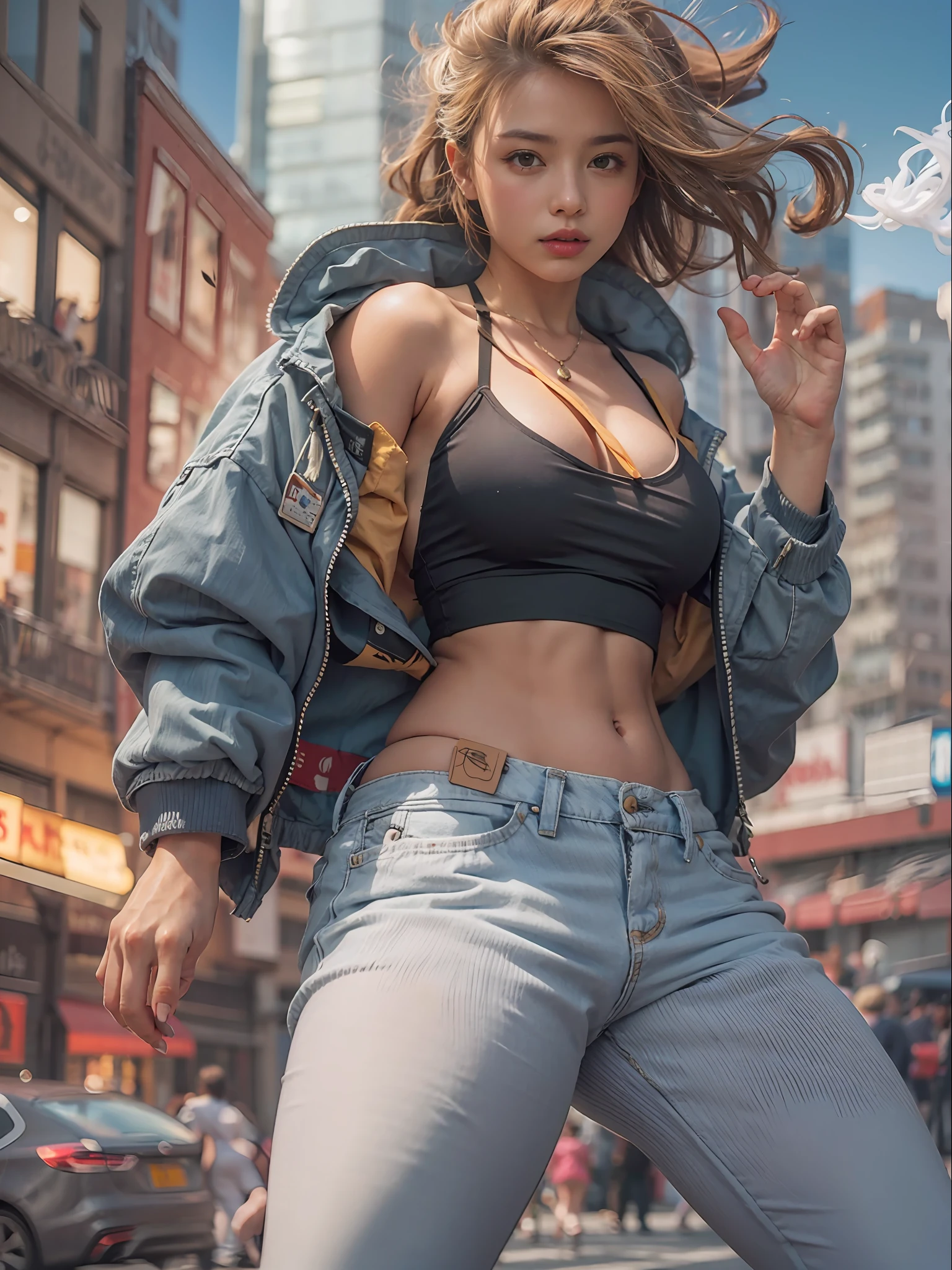 Giant Akari in crop top and jacket, Barefoot, athletic bodies, gts city, city buildings, Smoke, Evil