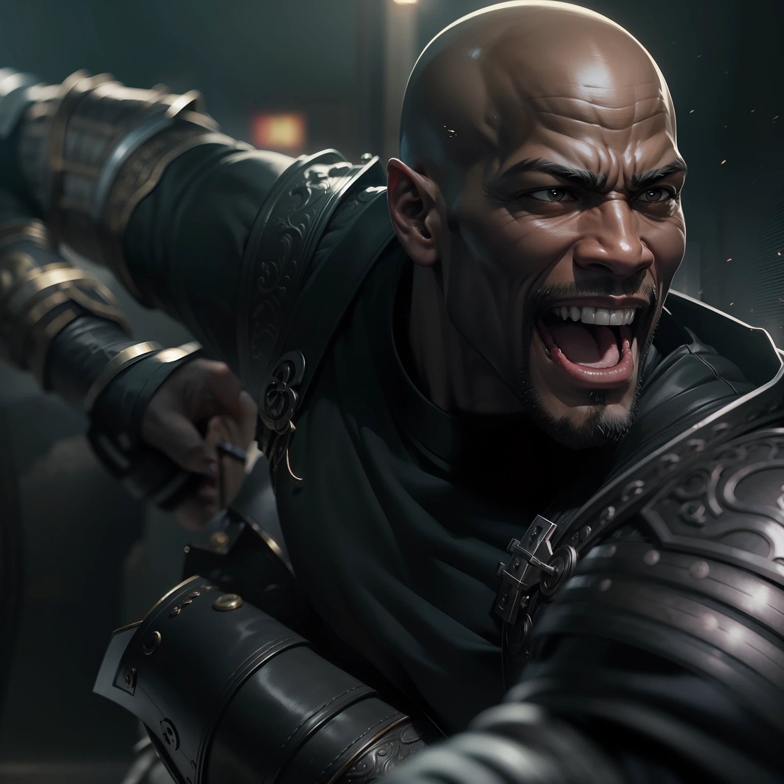 realistic image of a bald black man, 40 years old, tall and strong, ultra-detailed black eyes, confident smile, dressed in black RPG warrior costume and with silver shoulder pads, attacking with a punch in the stomach in an action scene