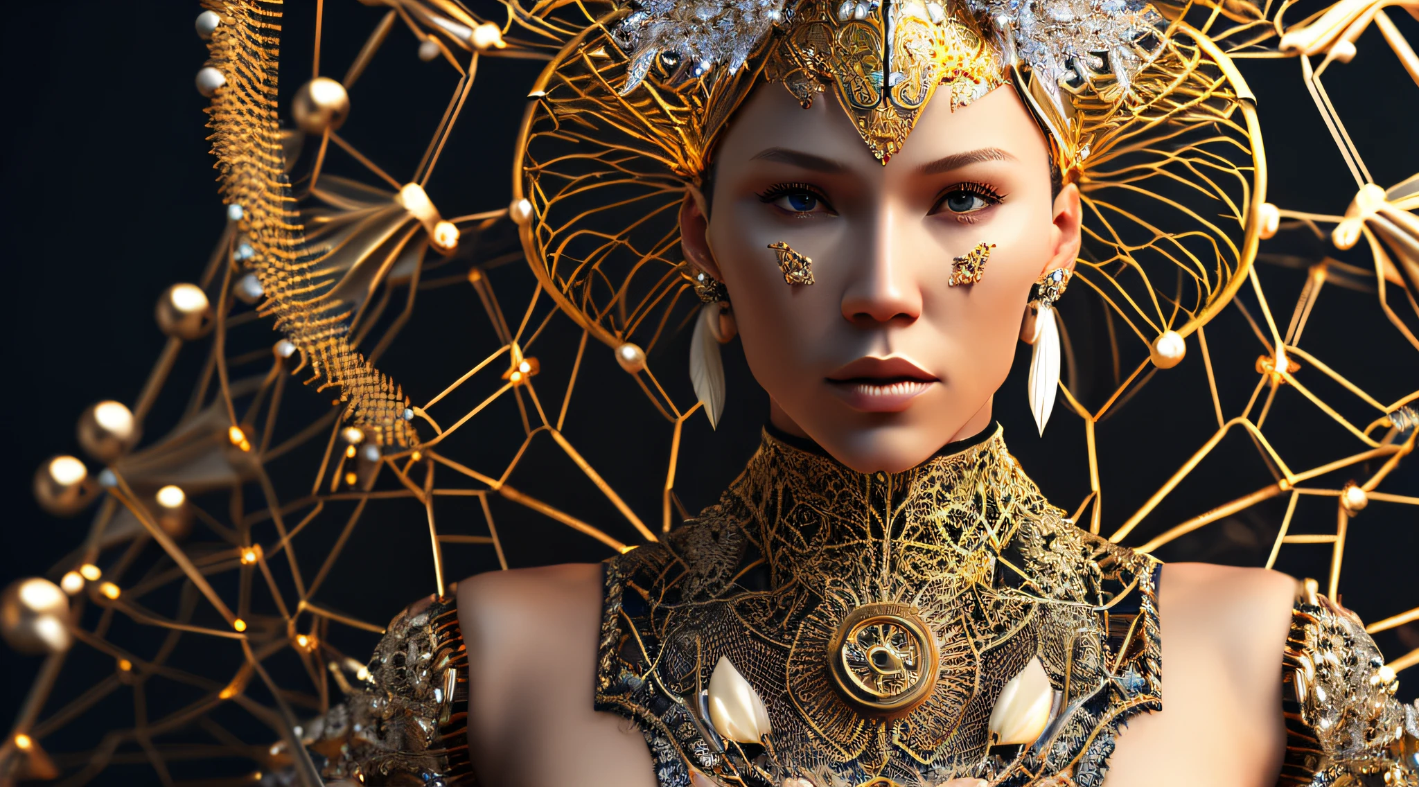 Complex 3 d render of a beautiful fascinating biomechanical female cyborg with a porcelain face, analog, beautiful natural light, rim light, 1 5 0 mm lens, aztec warrior, feathers, piercing, aztec tattoos, white blossoms, vanilla leaves and stems, sinuous roots, white blossoms, fine foliage lace, steampunk, silver gold filigree details, alexander mcqueen high fashion haute couture, pearl earring, art nouveau fashion embroidered, hexagonal mesh wire, mandelbrot fractal, facial muscles, cable wires, microchip, elegant, beautiful natural light, studio lights, rim light, highly detailed, hyperrealistic, sharp, octane render, h. r. giger style, volumetric lighting, 8 k post production