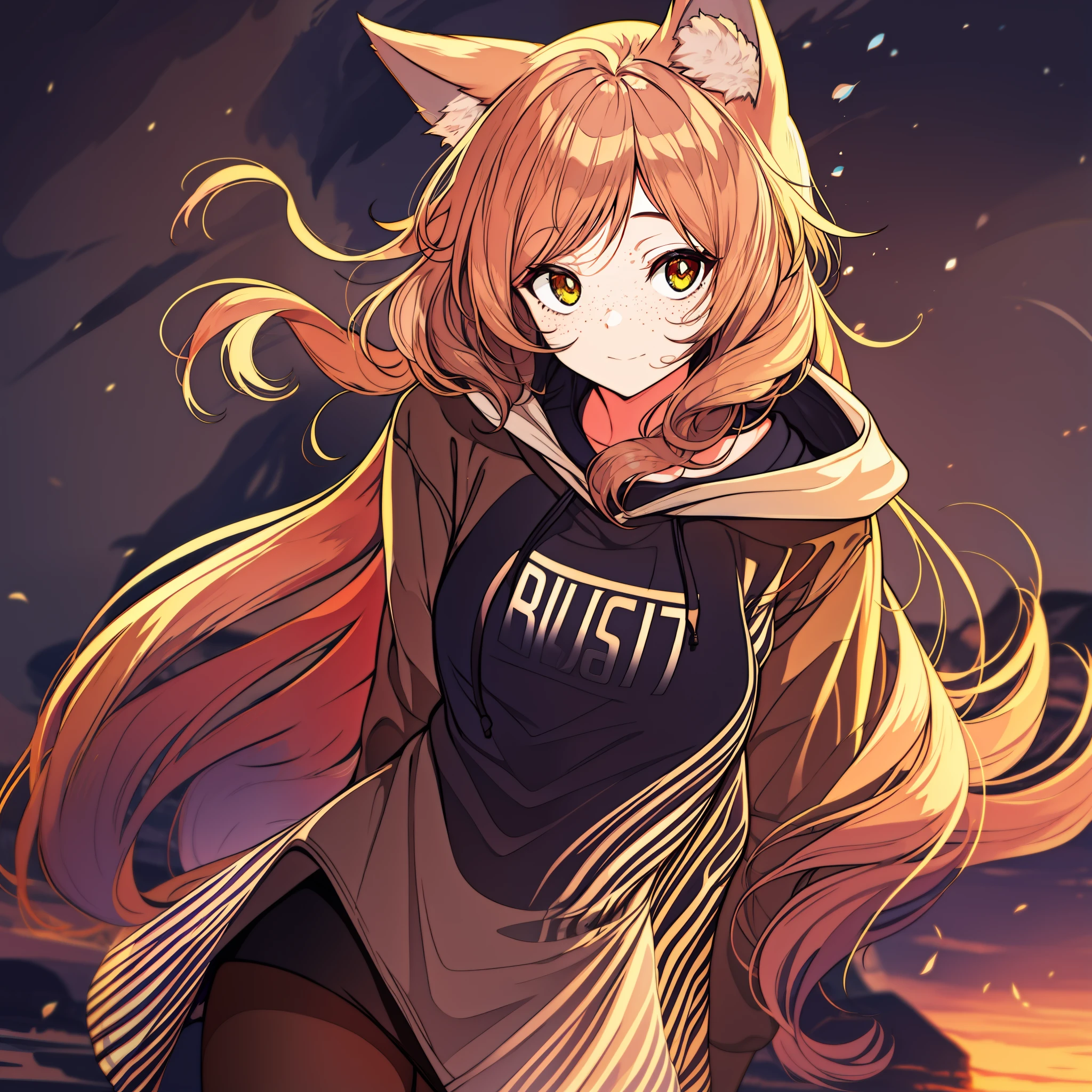 A 21 year old female who has Yellow short wavy hair, wolf ears, brown almond-shape eyes eyes, freckles, and wears a long hoodie, and a medium length skirt. And leggings


H e l p