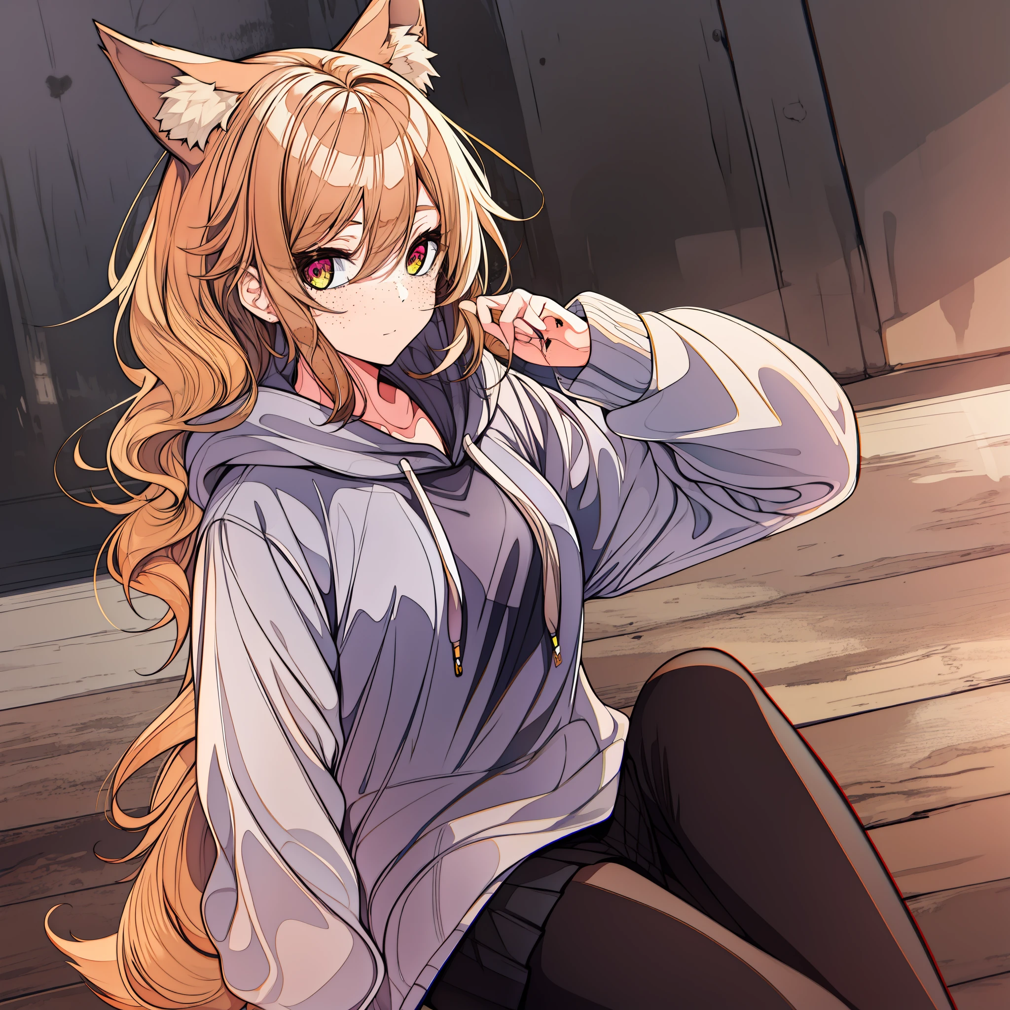 A 21 year old female who has Yellow short wavy hair, wolf ears, brown almond-shape eyes eyes, freckles, and wears a long hoodie, and a medium length skirt. And leggings


H e l p