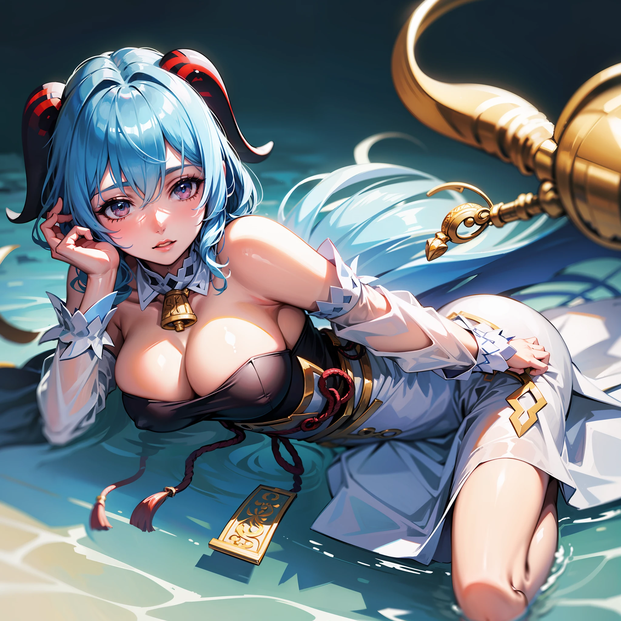 photorealistic:1.49, film grain:1.49, (masterpiece), (intricate details), 1girl, solo, mature female, large breasts, ganyu, light blue hair, goat horns, white sleeves, ((white top)), half body portrait, half body, lying, lying on water, drawn, face at water, hair on water, messy hair, (best quality), looking at viewer, view from above, head on water,