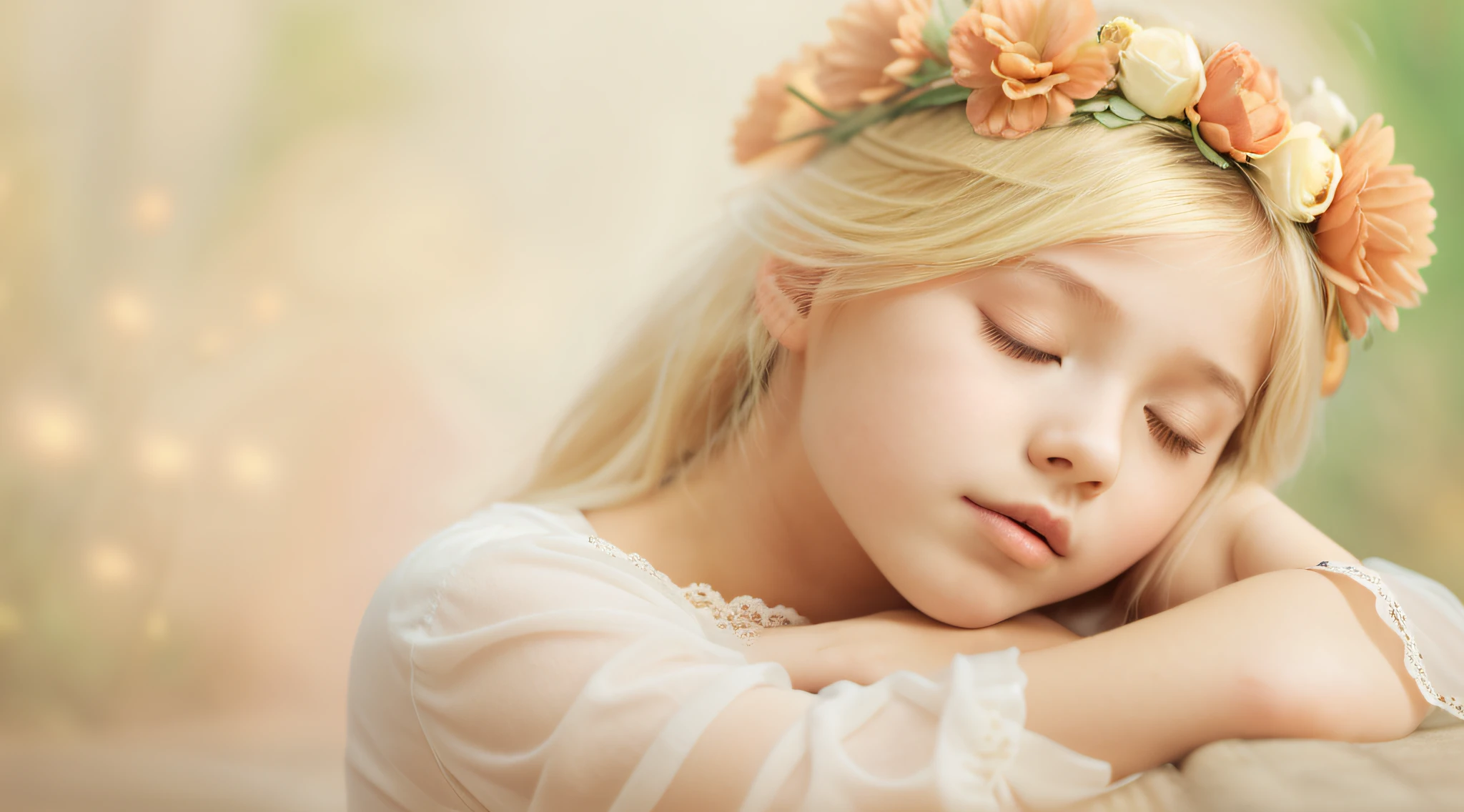 there is a young CHILD girl with a flower in her hair, beautiful languid princess, cute young girl, sleepy fashion model face, flower child, sleeping princess!!!!, girl with a flower head, beautiful young girl, beautiful young girl, beautiful young model, young woman with closed eyes, blond-haired princess, sleepy expression, beautiful girl, wearing a headband