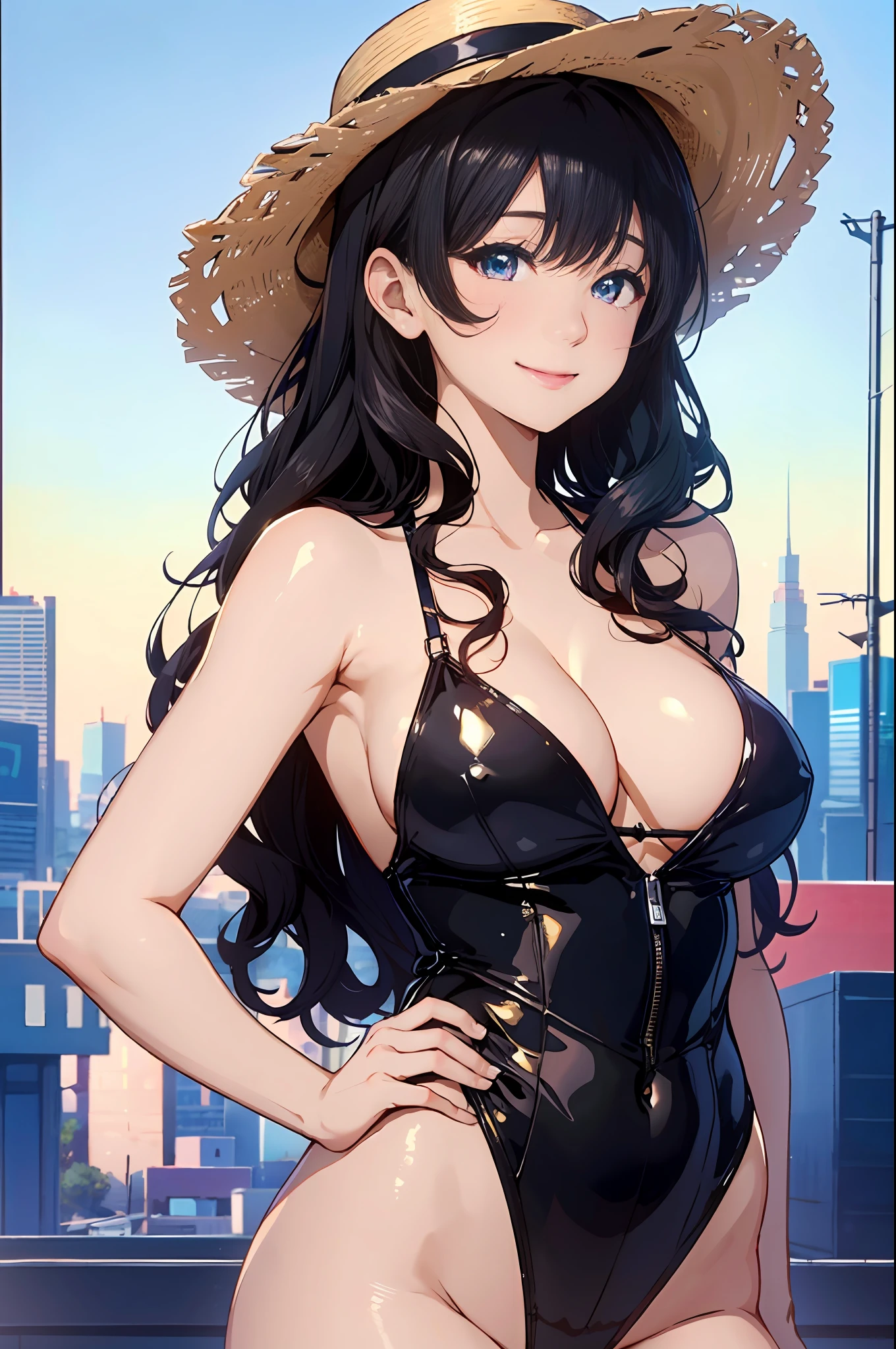 ((Top image quality、hight resolution、crisp image))、(delicate illustration)、8K、1girl in、独奏、extemely cute and beautiful、cowboy shot、leotard swimsuit、a straw fedora hat、outside of house、red blush、breastsout、((Black hair、wavy and long hair、bluntbangs))、(verd s eyes:1.1)、(huge tit:1.25)、cleavage of the breast、Light smile、a smile、happiness、seducting smile、Slender abs、 heav breathing、perfect anatomia、perfectly proportions、Seductive Model Pose、Leaning forward very much to the viewer、Put your hands on your hips、细致背景、