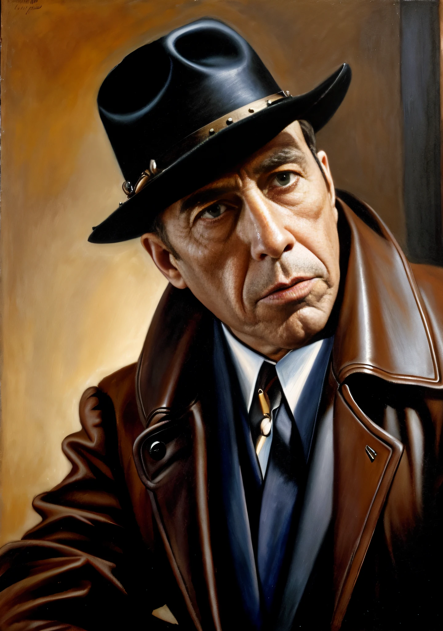 Colorful oil painting by actor Humphrey Bogart, Estilo Caravaggio, masculino, Rasgos ultra faciales detallados, Sharp symmetrical eyes, piel suave, cinematography, extremadamente detallado, ultra realista, Motor irreal, fotorrealista, steampunk, Obra maestra de Mystic Light Light Steam