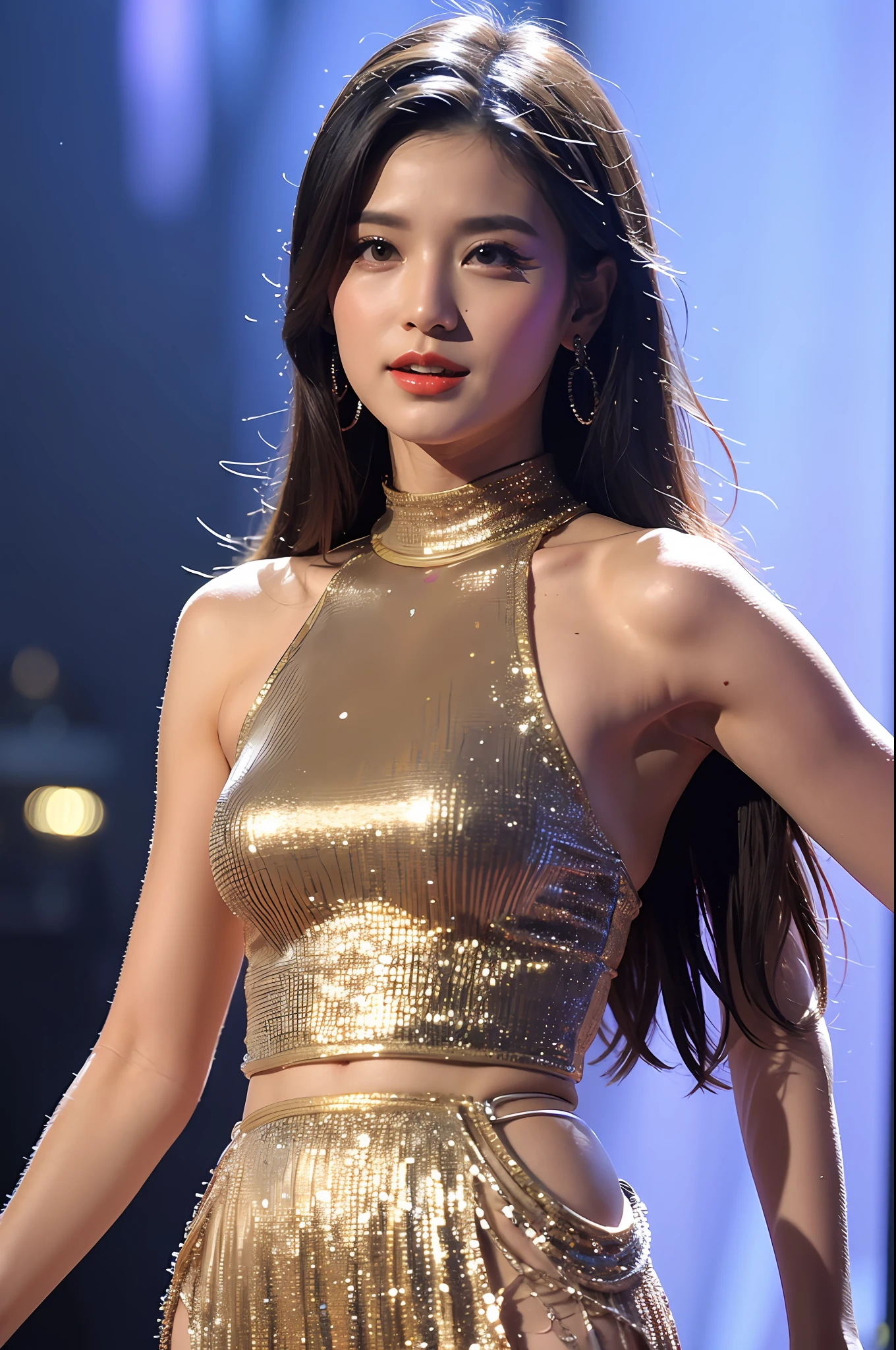 8k,1mulher, solo, palco, corpo perfeito, detalhes, olhando para o espectador, roupa preta, Detailed lip, sapato preto, luz do show, cabelo detalhado, corpo inteiro, cabelo flutuante, estilo kidol, roupa brilhante, extravagante, dance,