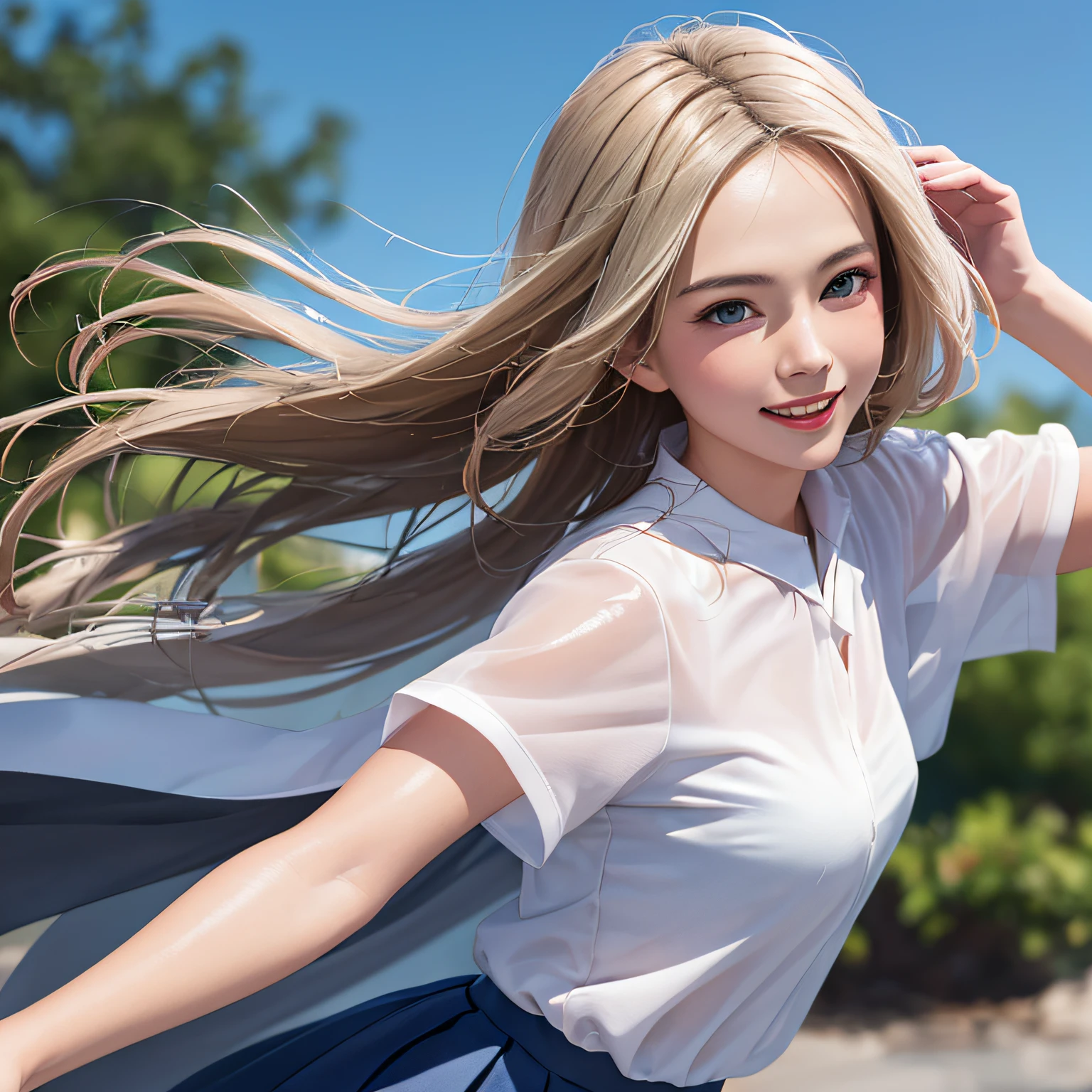 (8K, RAW Photos, of the highest quality, Masterpieces: 1.2), (Realistic, Photorealistic: 1.37), Highest Quality, Ultra High Resolution, light  leaks, Dynamic lighting, Slim and smooth skin, (Full body:1.3), (Soft Saturation: 1.6), (Fair skin: 1.2), (Glossy skin: 1.1), Oiled skin, 22 years old, Night, shiny white blonde, Well-formed, Hair fluttering in the wind, Close-up shot of face only, Physically Based Rendering, From multiple angles, A big smile、Pleated skirt, thunderstorm, The Flash,