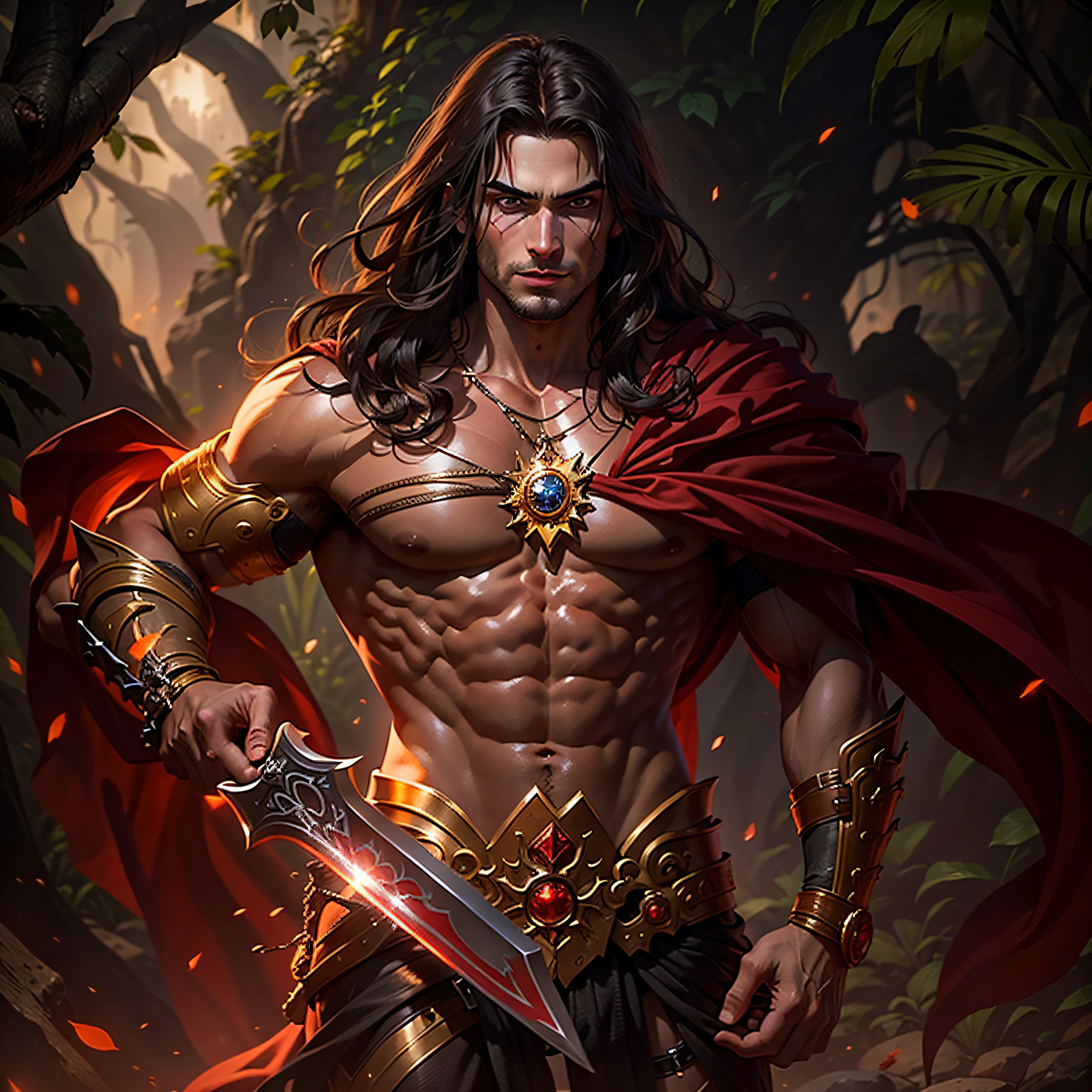 male focus, solo, (((whole body))), ((muscular)), (long brown hair), wielding sword, large, masculine, fantasy, realistic face, realistic eyes, (detailed facial features), wearing a scarlet red loincloth), gold amulet and gold armbands, dramatic pose, (grim smile), looking at viewer, alien jungle setting, particle effects, cinematic lighting,