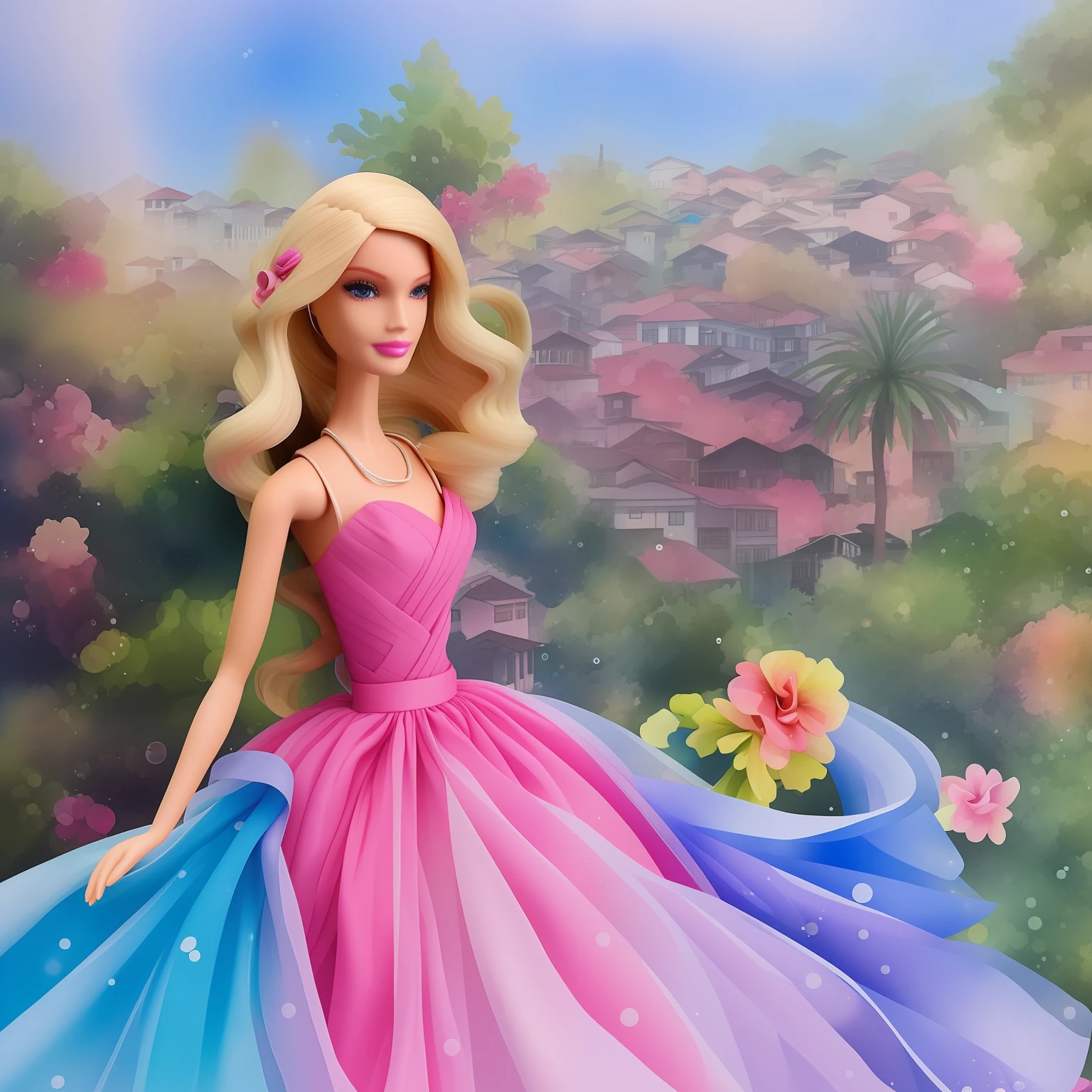uma barbie fadinha em um fundo aquarela nos tons rosa e azul --auto