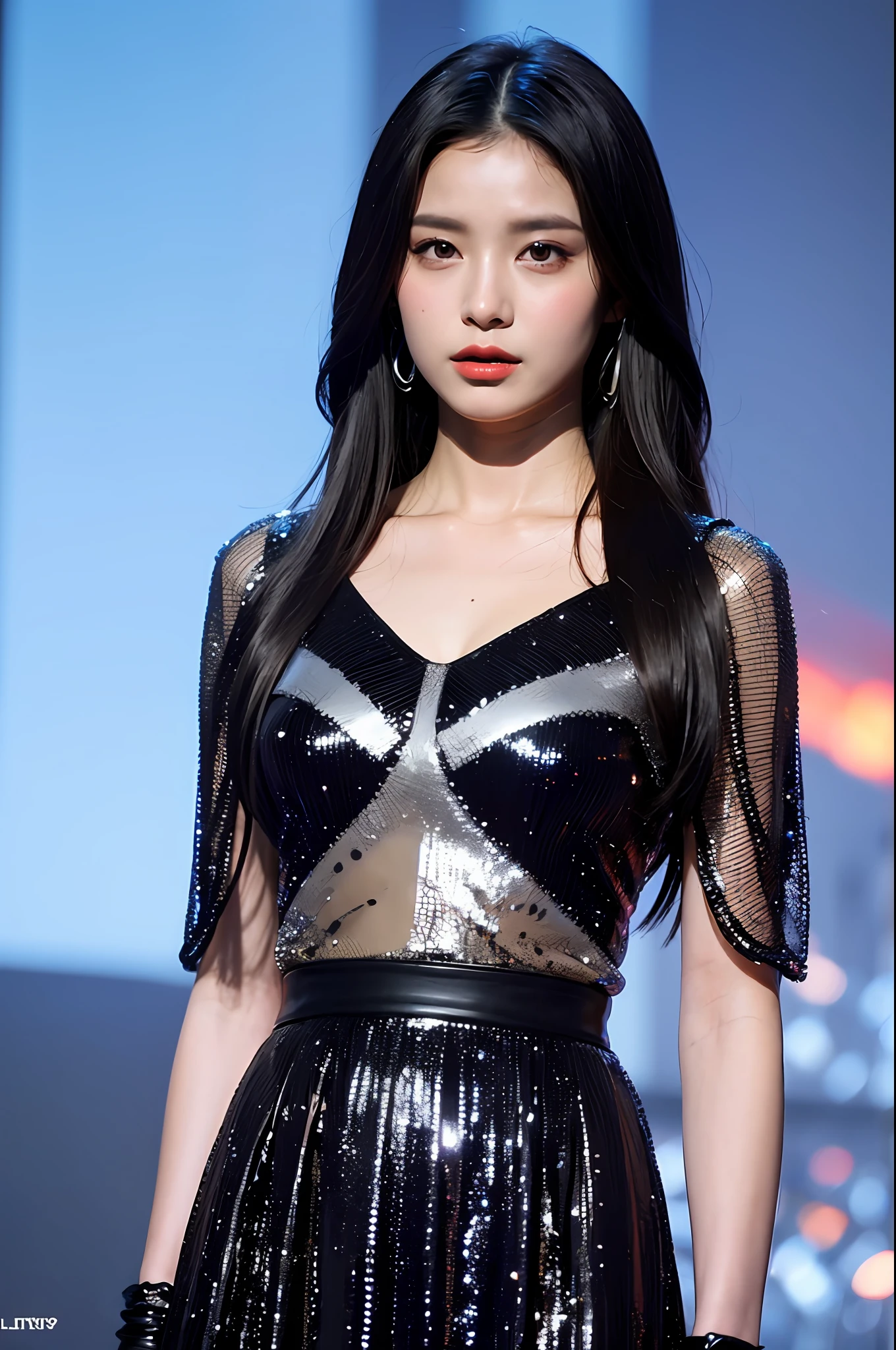 8k,1mulher, solo, palco, corpo perfeito, detalhes, olhando para o espectador, roupa preta, Detailed lip, sapato preto, luz do show, cabelo detalhado, corpo inteiro, cabelo flutuante, estilo kidol, roupa brilhante, extravagante,