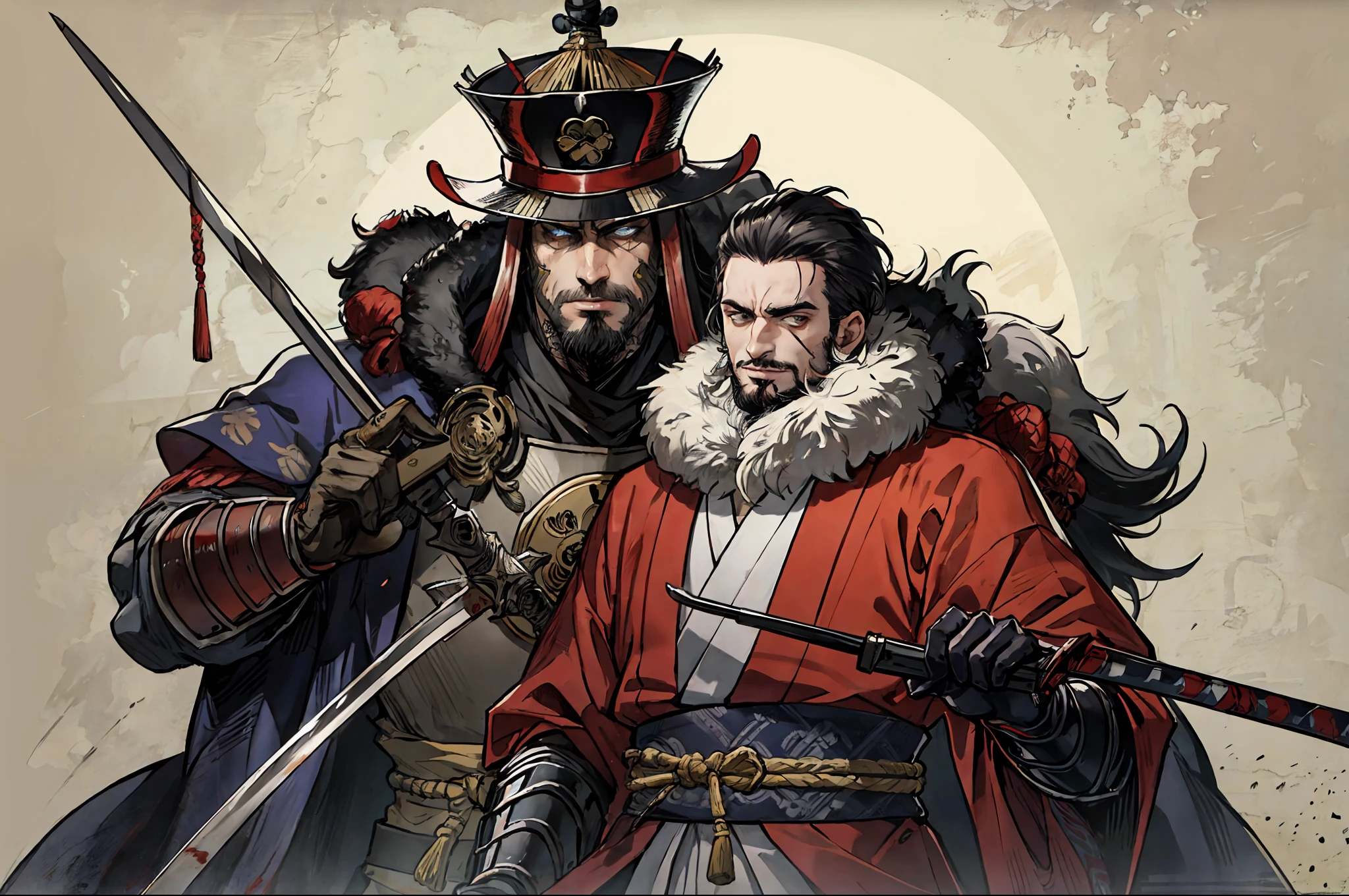 (melhor qualidade), fundo detalhado, imperador oriental, homem, barba, vampiro, artes de combate, armas de monge, castelo oriental sombrio, monge kensei, d&d