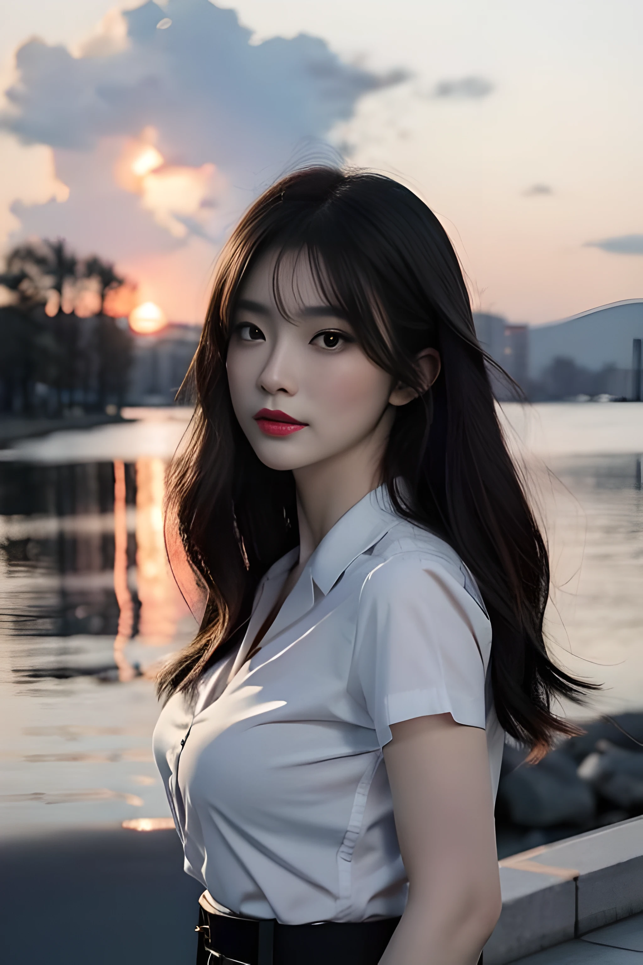 (8k, best quality, masterpiece, ultra highres:1.2) Photo of Pretty Japanese woman beautiful, beautiful enchanting fashion contemporary painting with a, looking at the viewer, ((sunset background)), (1girl), (white shirt short sleeves), ((black pencil skirt)), belt, ((hand down)),black hair, medium hair, high angle photo of a gorgeous woman, realistic skin texture, looks up, (nudity), round chin, 85 mm art lens, f 1. 2, sharp focus, 8 k high definition, insanely detailed, intricate, elegant, large breasts, dynamic pose, large breasts,