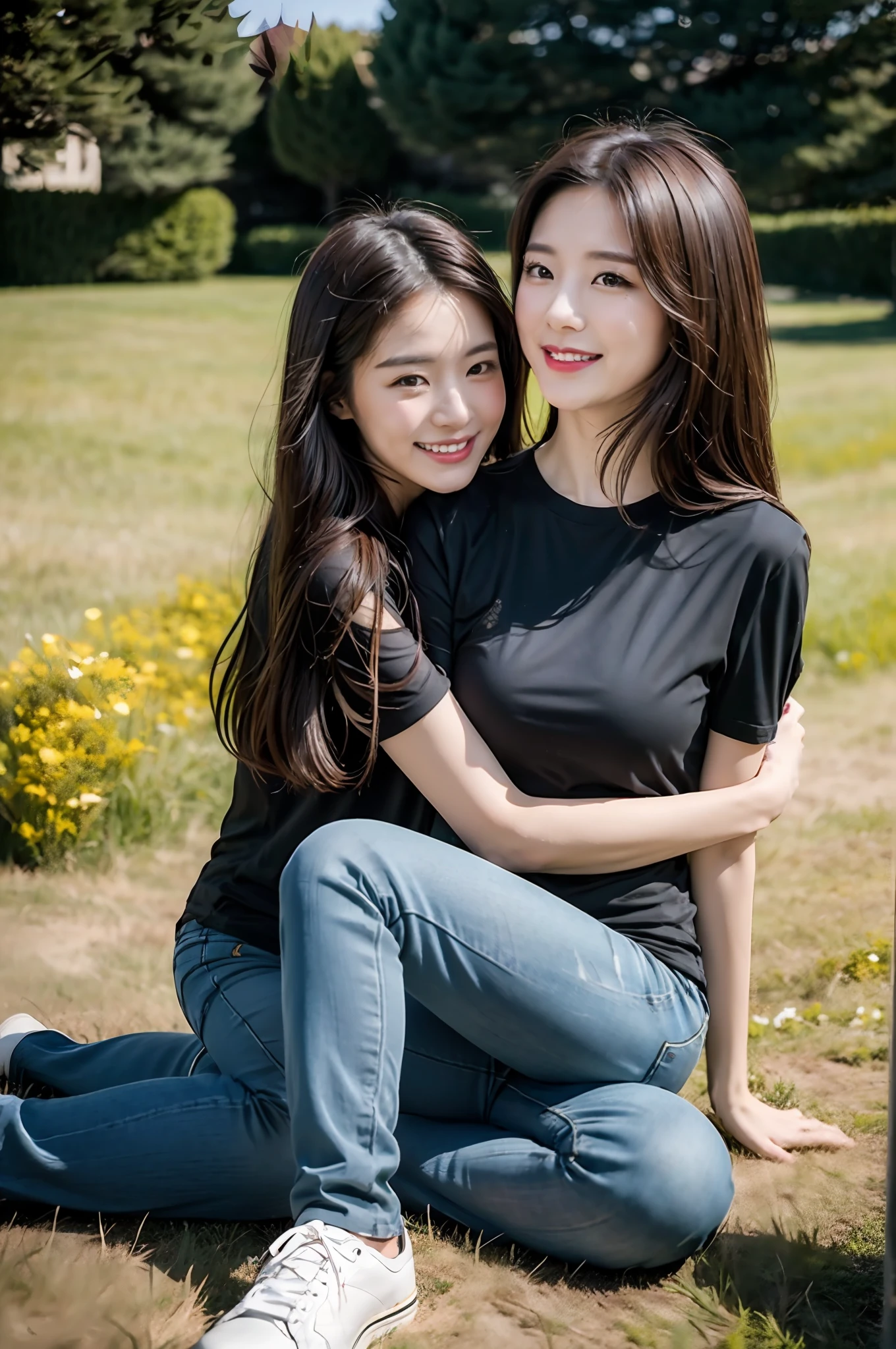 （RAW photogr，超高分辨率，tmasterpiece，best qualtiy：1.4），Complicated details，2 20 year old Korean girl，Wear a loose black T-shirt and skinny jeans，Stand on the grass and take pictures，hugs，Intimate relationships，Detailed meadow，A sweet smile on a small face，The face and skin are pink and fair，Ultra-realistic facial details，Playful and coquettish pose，The calves are straight and slender:1.5，Wear high-end branded colorful travel shoes:1.5，eventide，warm color，Broad lighting，naturalshadow，taking a full body photo:1.8