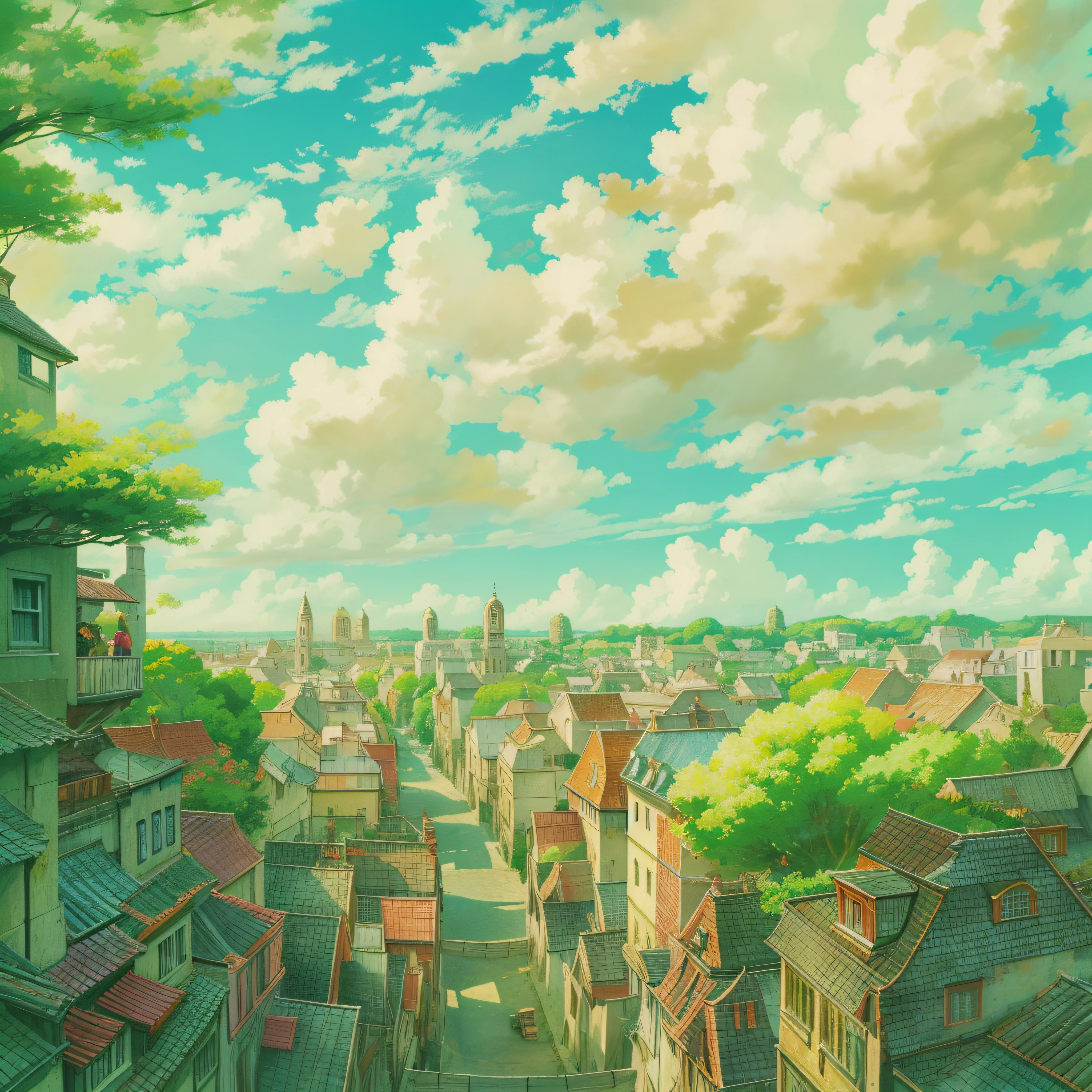 animesque、Skyscape with clouds、Landscape without buildings、You can see the touch of the brush、Studio Ghibli、Ghibli、Scenery、Style、Golden Time、sky line,