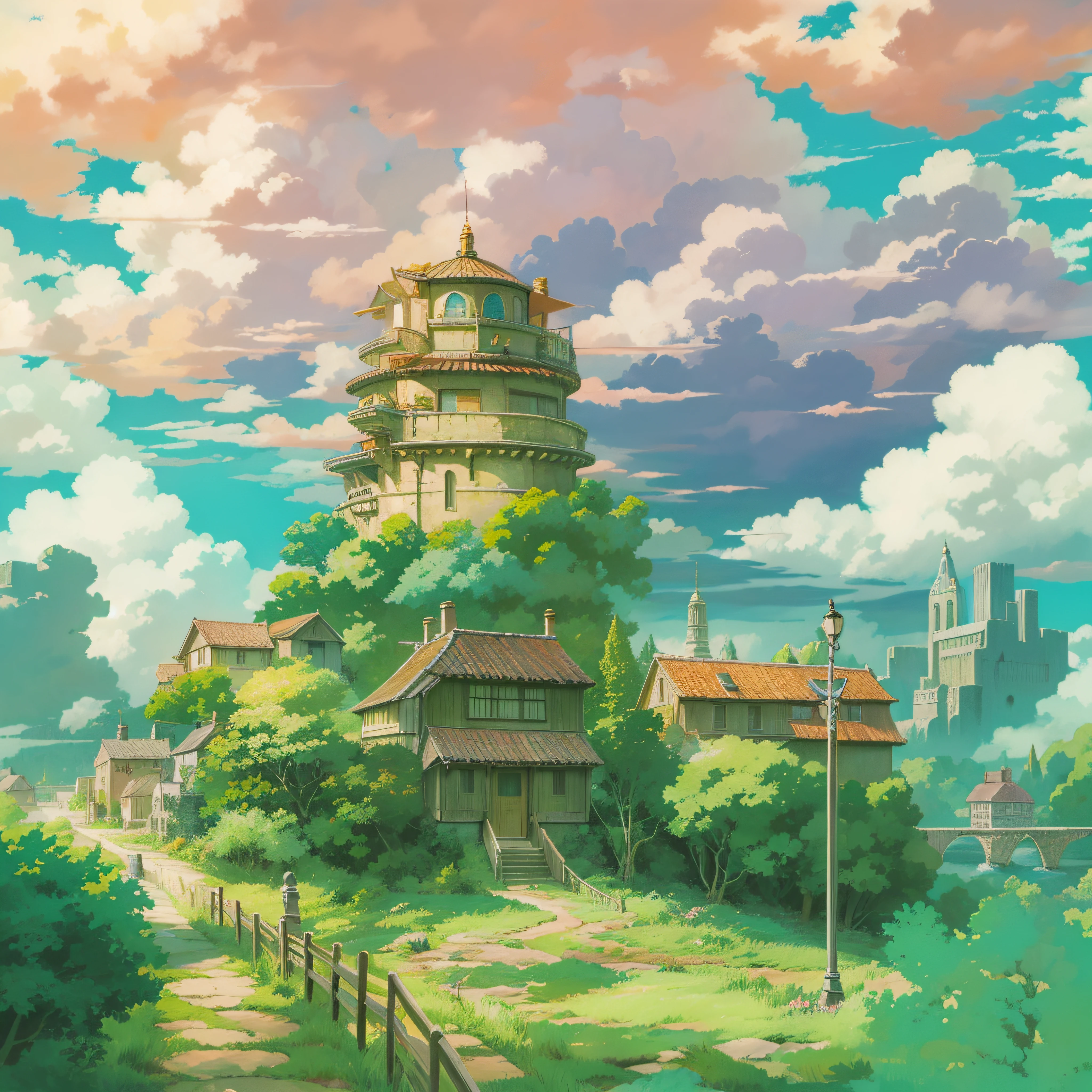 animesque、Skyscape with clouds、Landscape without buildings、You can see the touch of the brush、Studio Ghibli、Ghibli、Scenery、Style、Golden Time、sky line,