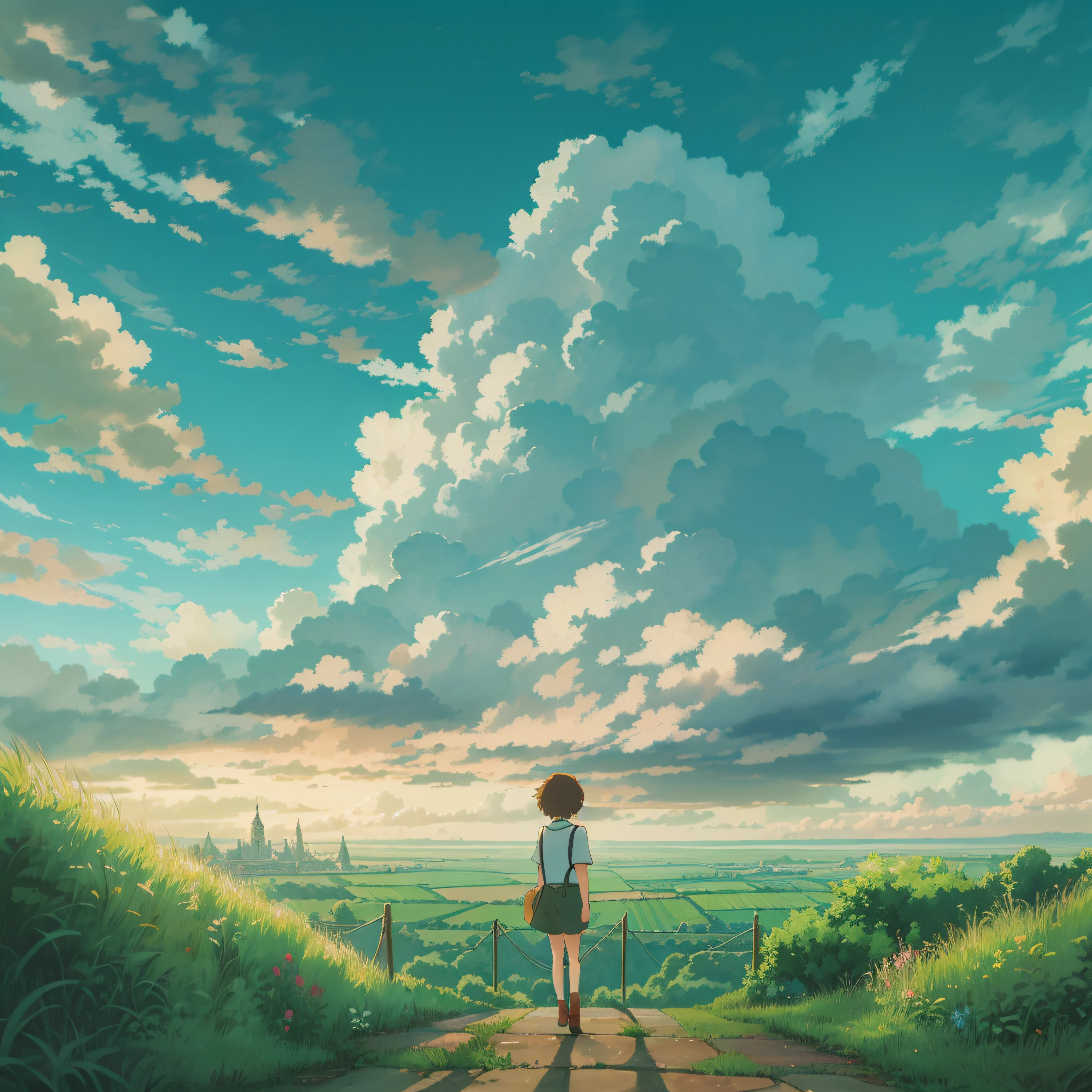 animesque、Skyscape with clouds、Landscape without buildings、You can see the touch of the brush、Studio Ghibli、Ghibli、Scenery、Style、Golden Time、sky line,After it rains、the ground is wet