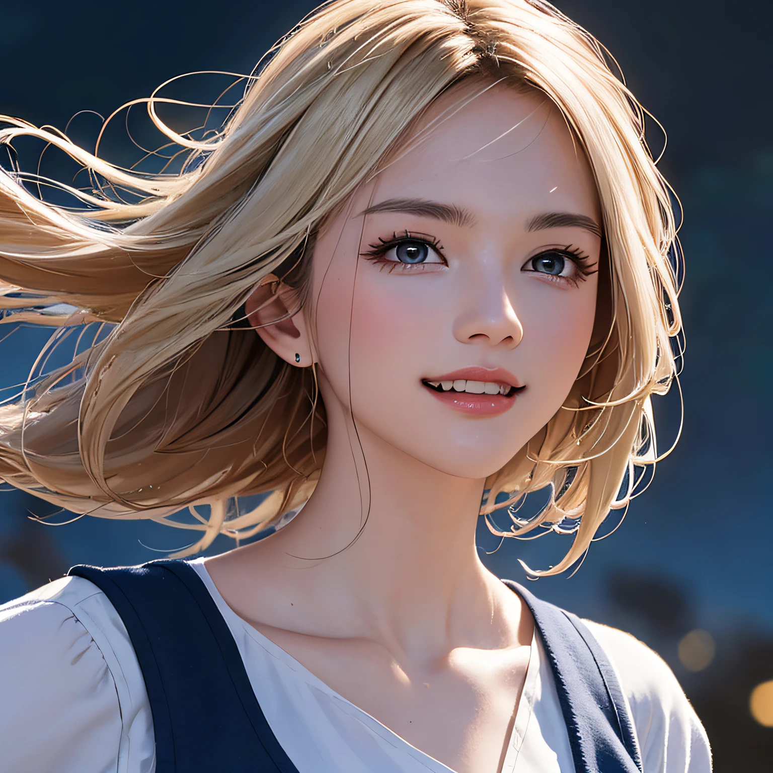 (8K, RAW Photos, of the highest quality, Masterpieces: 1.2), (Realistic, Photorealistic: 1.37), Highest Quality, Ultra High Resolution, light leaks, Dynamic lighting, Slim and smooth skin, (Full body:1.3), (Soft Saturation: 1.6), (Fair skin: 1.2), (Glossy skin: 1.1), Oiled skin, 22 years old, Night, shiny white blonde, Well-formed, Hair fluttering in the wind, Close-up shot of face only, Physically Based Rendering, From multiple angles, A big smile, School uniform, Pleated skirt, Beige vest, thunderstorm, The Flash,
