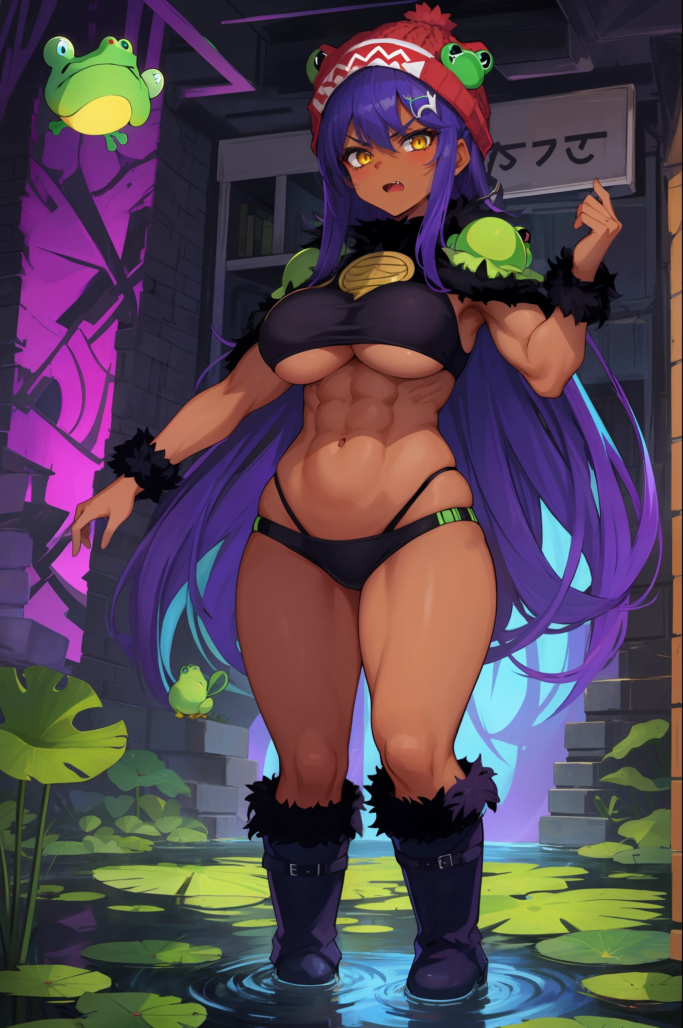 (masterpiece, best quality, detailed background,fantasy theme, 1girl, barbarian,muscular , fur armor, fur boots,GtsGiga,fightpit,Looming,Rampage,totem of the frog,frog beanie,lily pad accessory,menacing,looking down at viewer,cocky sneer,lotus hair ornament,blacklight,indoors arena,large breast,flexing,rage,visible tummy,abs,dark skin,yellow eyes,purple hair