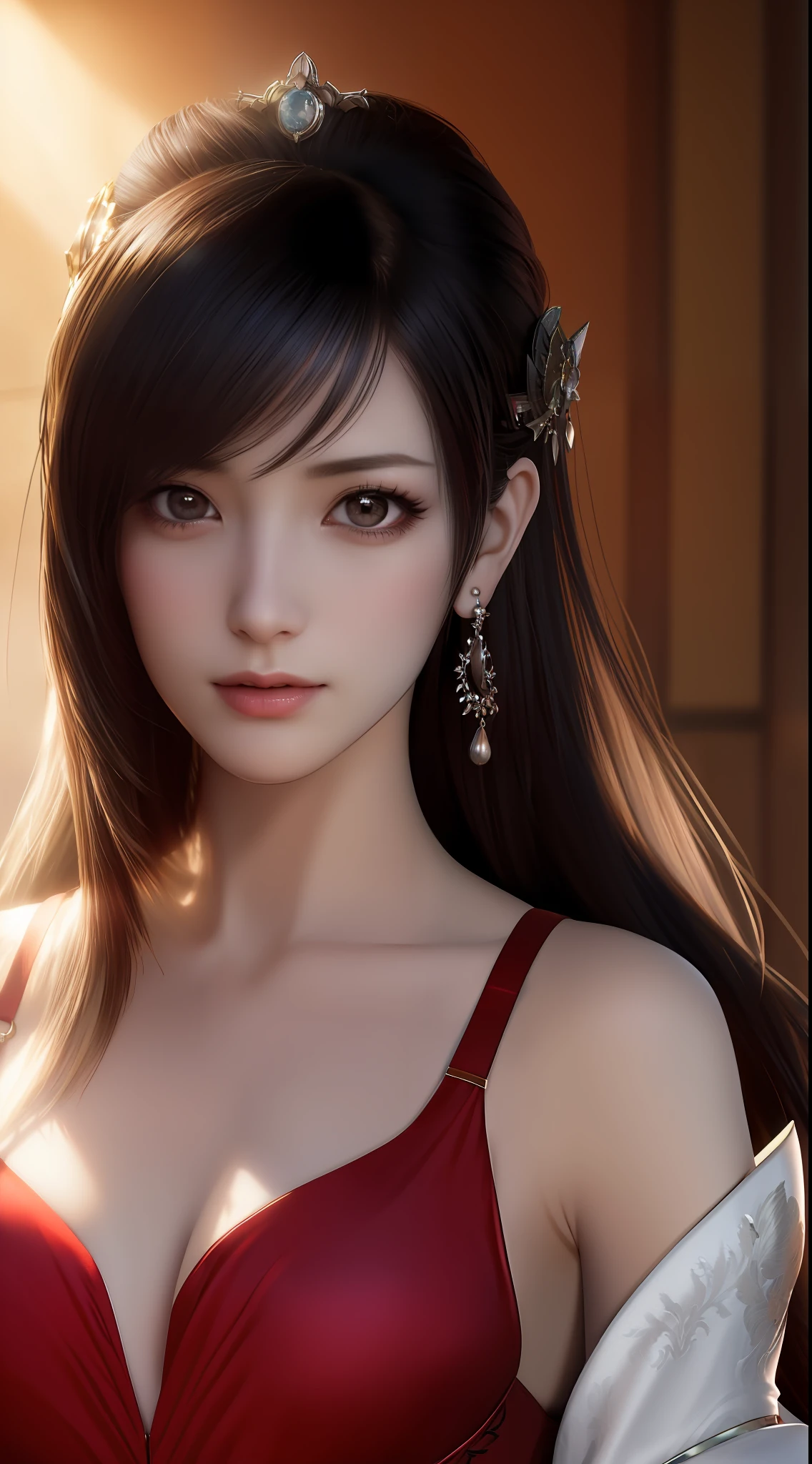 a close up of a woman in a red dress with long hair, beautiful alluring anime woman, a beautiful fantasy empress, inspired by Du Qiong, seductive tifa lockhart portrait, ((a beautiful fantasy empress)), seductive anime girl, Beautiful anime girl, Charming Tifa Lockheart, beautiful avatar picture, mai shiranui, lady in red armor, tifa, (lingerie:1.2), photo realistic, upon_body, tyndall effect, photorealistic, dark studio, rim lighting, two tone lighting, (high detailed skin: 1.2), 8k uhd, dslr, softlighting, high qulity, volumettic light, sneak shot, photore, A high resolution, 4k, 8k, Super beautiful scenery background