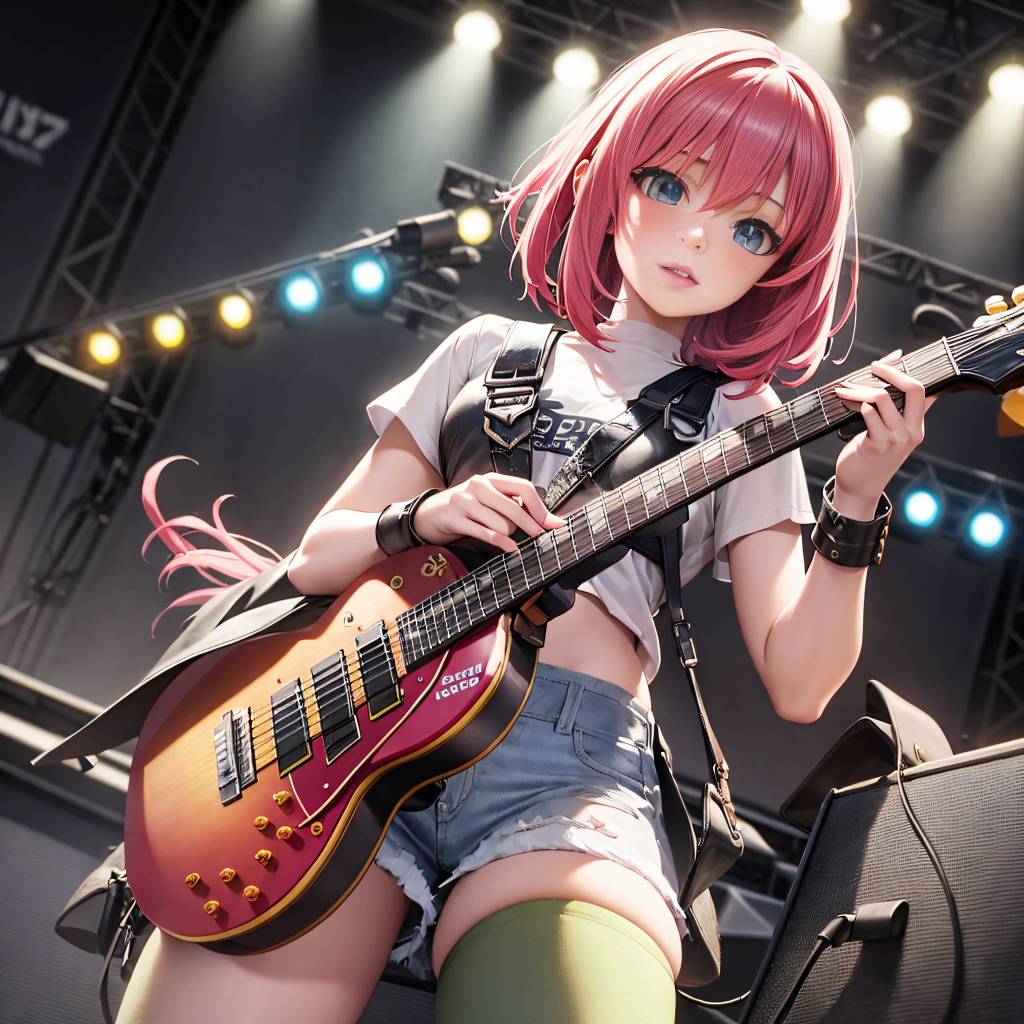 araffe girl with pink hair playing a guitar on stage, ross tran 8 k, artwork in the style of guweiz, Detailed Digital Anime Art, high detailed official artwork, ross tran style, Trending on ArtStation pixiv, official artwork, guweiz on artstation pixiv, realistic anime 3 d style, photorealistic anime girl render