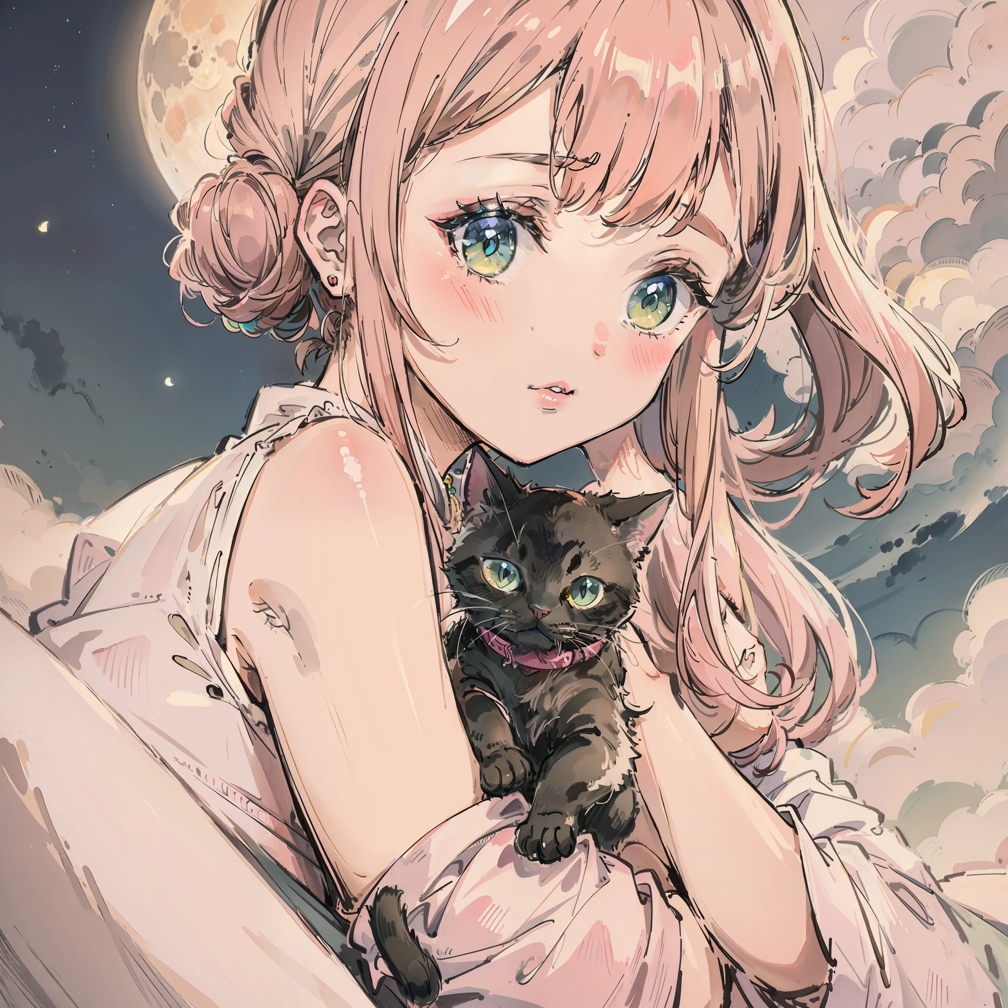 top-quality、masterpiece、pinkcolor、Take a cute cat、fullmoon