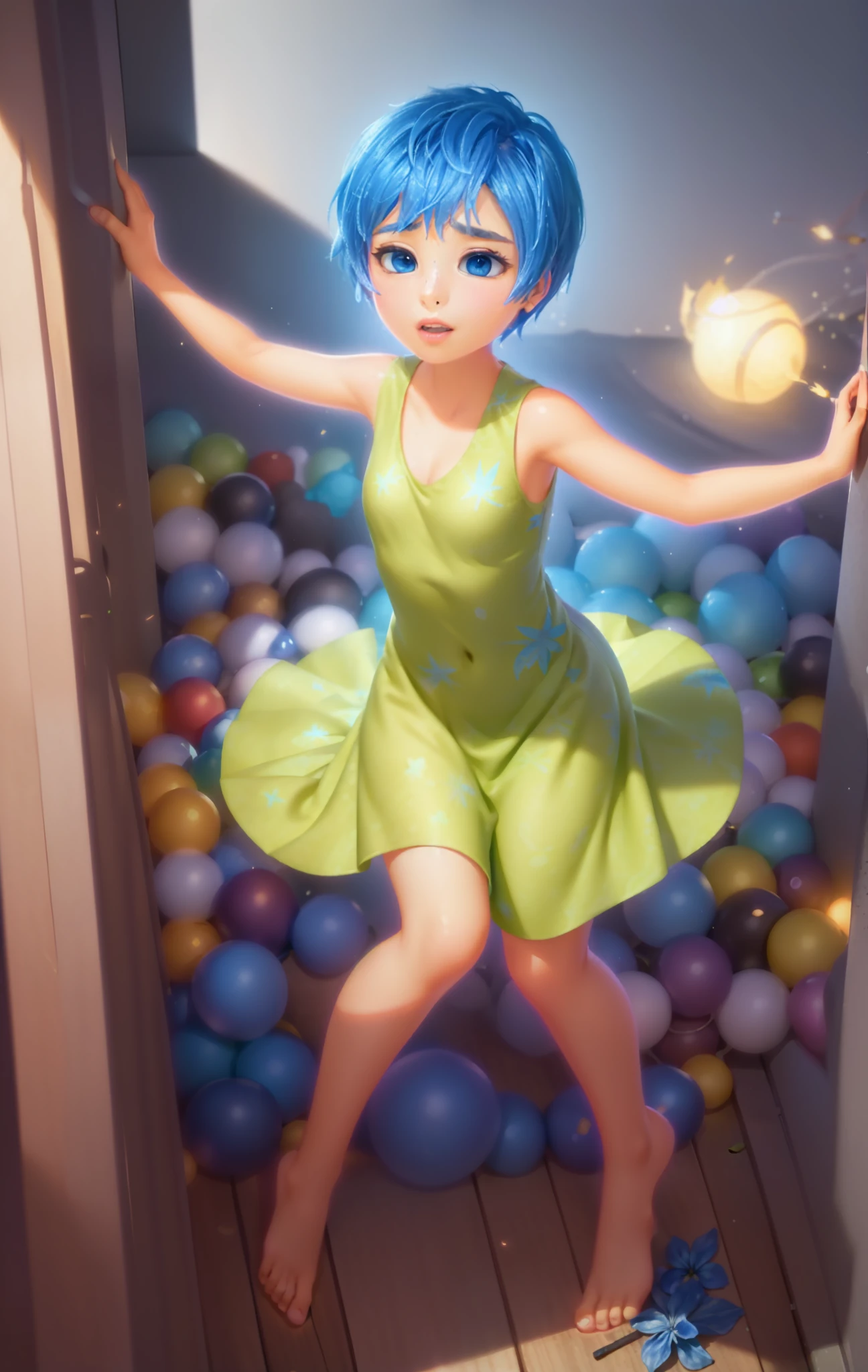 Masterpiece, Best Quality, (joying_Inside out, yellow skin, ),  Happy,  (((sleeveless lime green dress speckled with blue firework-style flowers print that goes to the knees)))  Pixar, cartoony, 3D Rendering, small breasts, bare footed, Sunlight, (parted lips:1.4), (nose blush:1.2), breasts visible, Showing breasts, (cinematic lighting), ((detailed background of a glowing ball pit)), ((high-angle view)), (((three-quarter view))), (half body shadow), [backlighting], [crepuscular ray], [detailed ambient light], [gray natural lighting], [ambient light on the belly], (higher wildlife feral detail), [explict content], [sharp focus], (questionable content), (shaded), ((masterpiece), Commission for High Res, masterpiece, best quality, detailed image, bright colors, detailed face, perfect lighting, perfect shadows, perfect eyes, girl focus, flawless face, gorgeous body, shiny body, center focus, gaze at the viewer, half-closed eyes, 1girl, solo, (masterpiece:1.21), (best quality:1.2), (illustration:1.2), (cinematic lighting:1.3), balanced coloring, global illumination, ray tracing, good lighting, cleavage, attractive body, sexy body, looking at viewer, seductive look, SFW, close up, portrait, looking at viewer