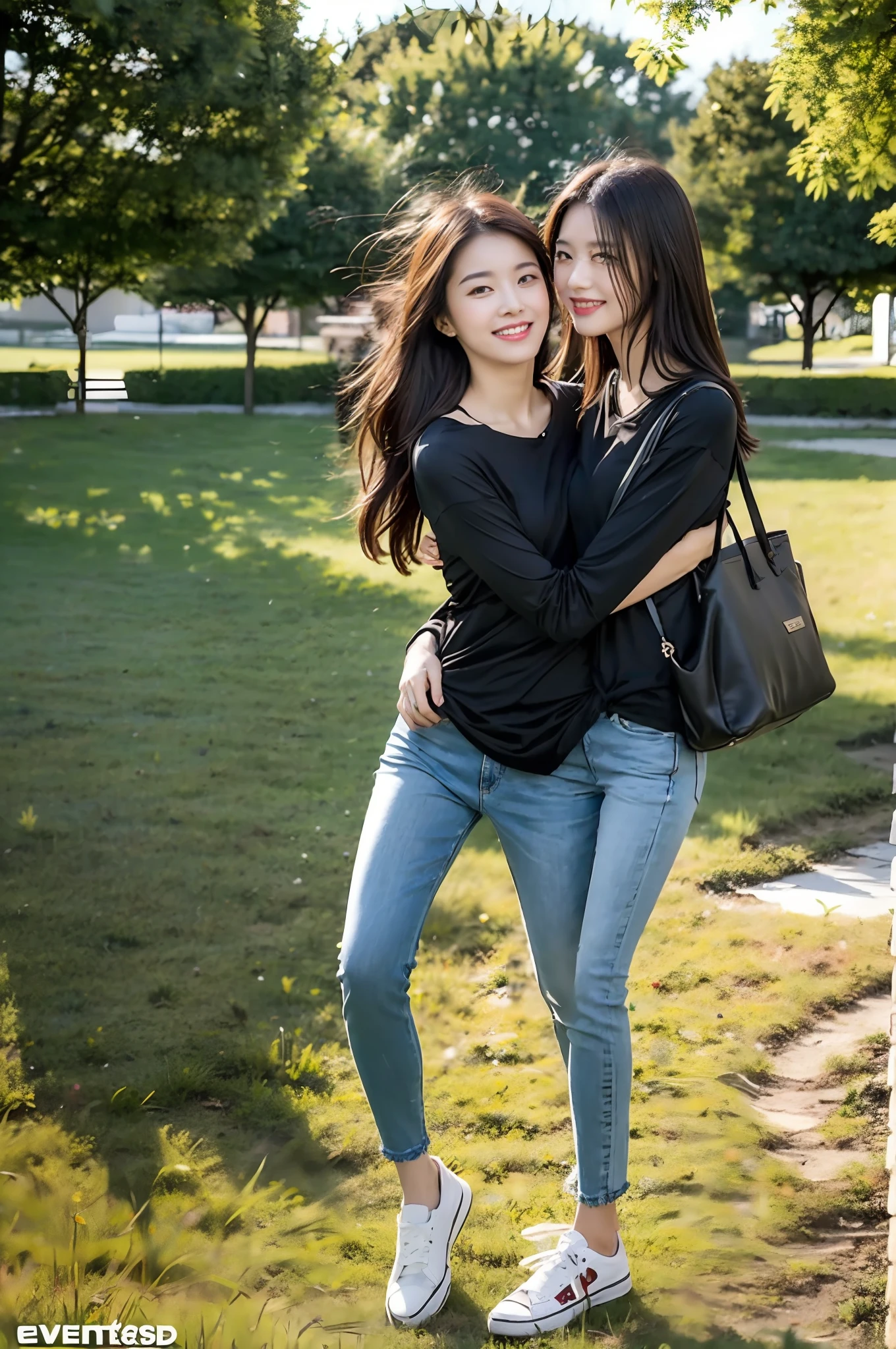 （RAW photogr，超高分辨率，tmasterpiece，best qualtiy：1.4），Complicated details，2 20 year old Korean girl，Wear a loose black T-shirt and skinny jeans，Stand on the grass and take pictures，hugs，Intimate relationships，Detailed meadow，A sweet smile on a small face，The face and skin are pink and fair，Ultra-realistic facial details，Playful and coquettish pose，The calves are straight and slender:1.5，Wear high-end branded colorful travel shoes:1.5，eventide，warm color，Broad lighting，naturalshadow，taking a full body photo:1.8