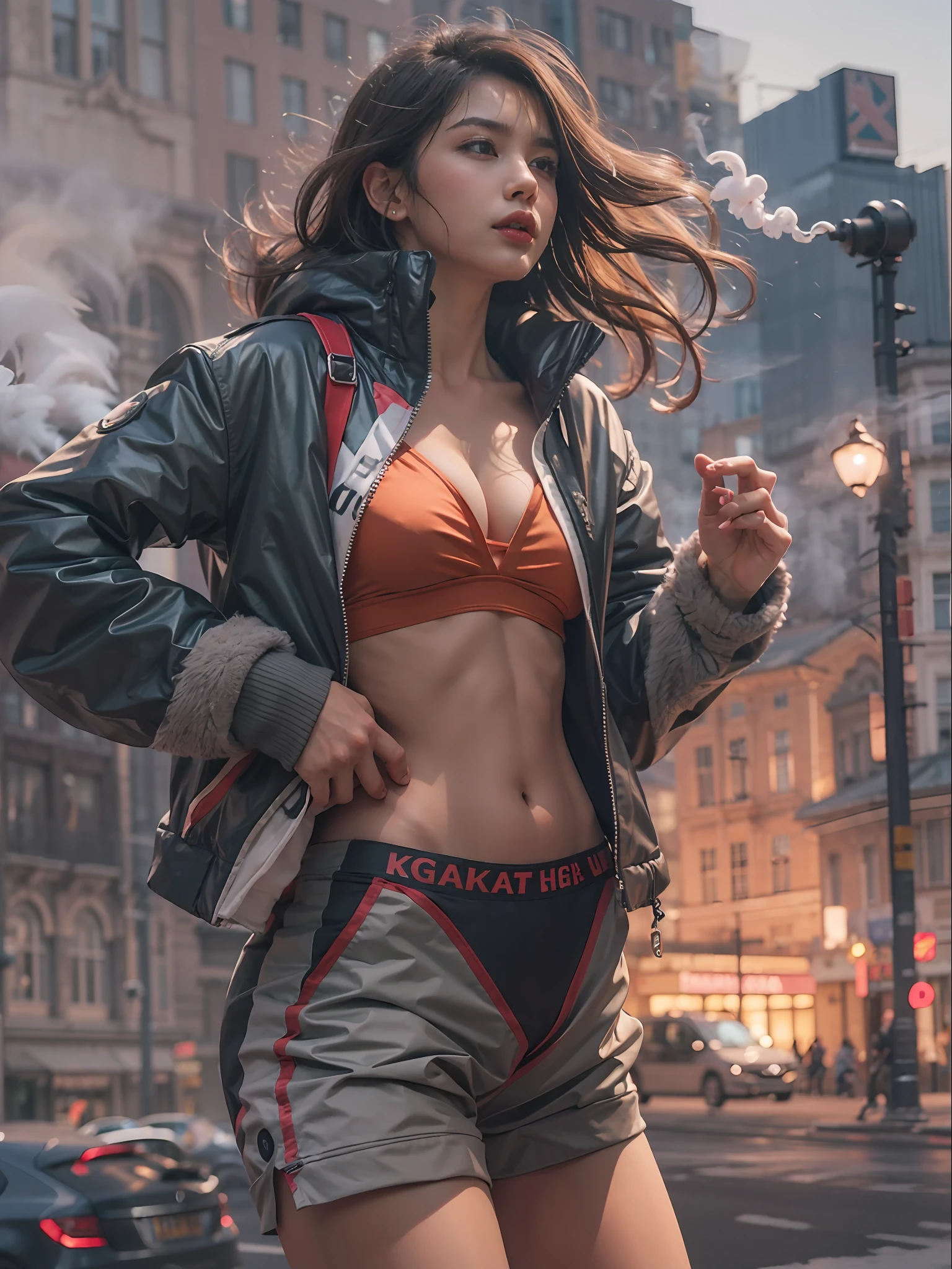 Giant Akari in crop top and jacket, Barefoot, athletic bodies, gts city, city buildings, Smoke, Evil