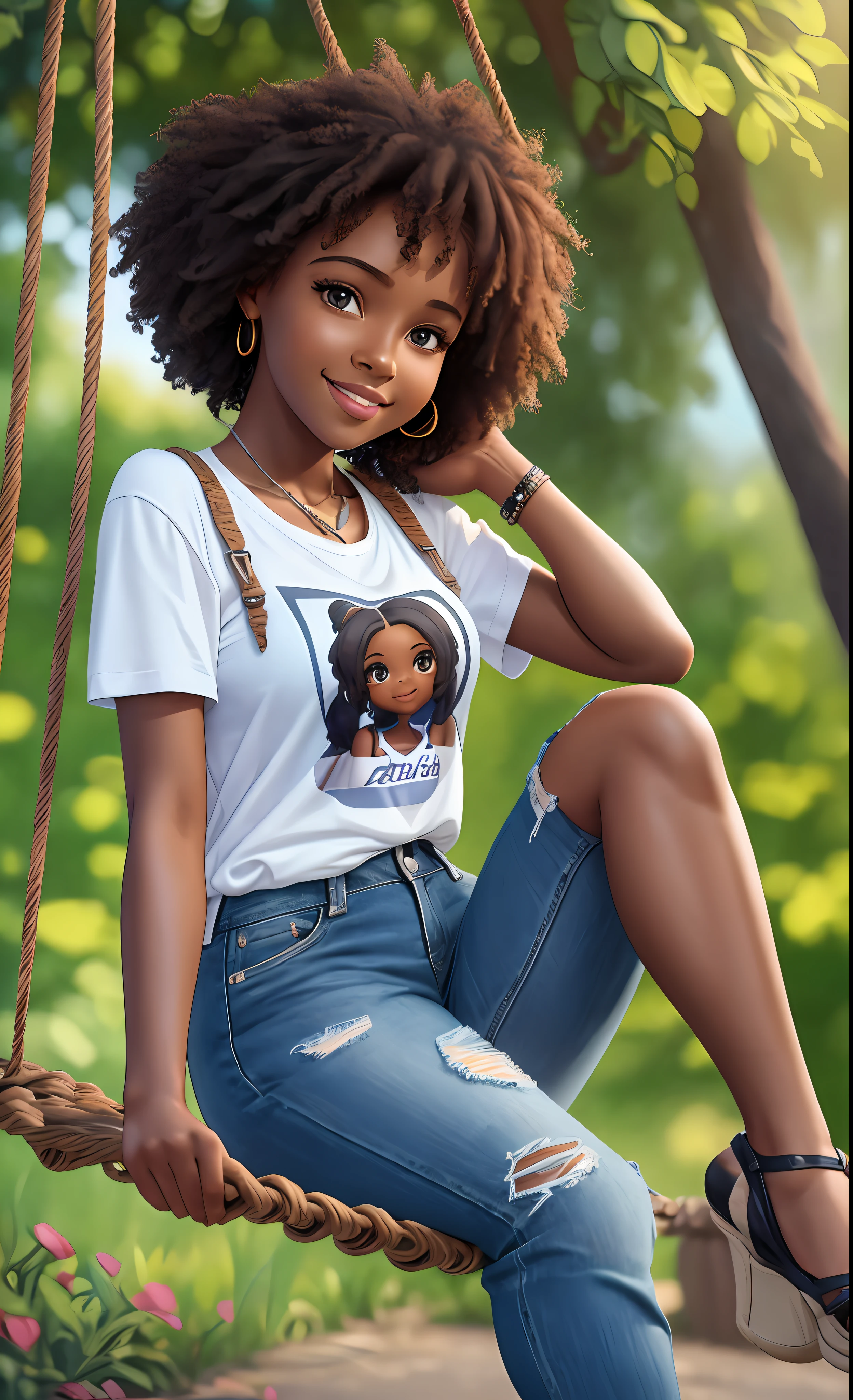 3D rendering of a 1 girl ((solo)), (crisp, perfect facial features), asymmetrical face, kind eye, (dark brown skin tone), cute, afro-alpine, cute smile, ((sitting on a swing in the park )), ((chibi) ) wearing t-shirt and jeans, current fashion, long hair with princess accessories, ((from under a tree)), park background, sunset, close-up, product view, detailed detail, pixar style, (((model face))), trend art, sharp detail, cgsociety, very high quality digital art, exquisite hyper detail, 4k, 8k soft lighting, dreamy, fashion, unreal engine rendering :3 --auto --s2