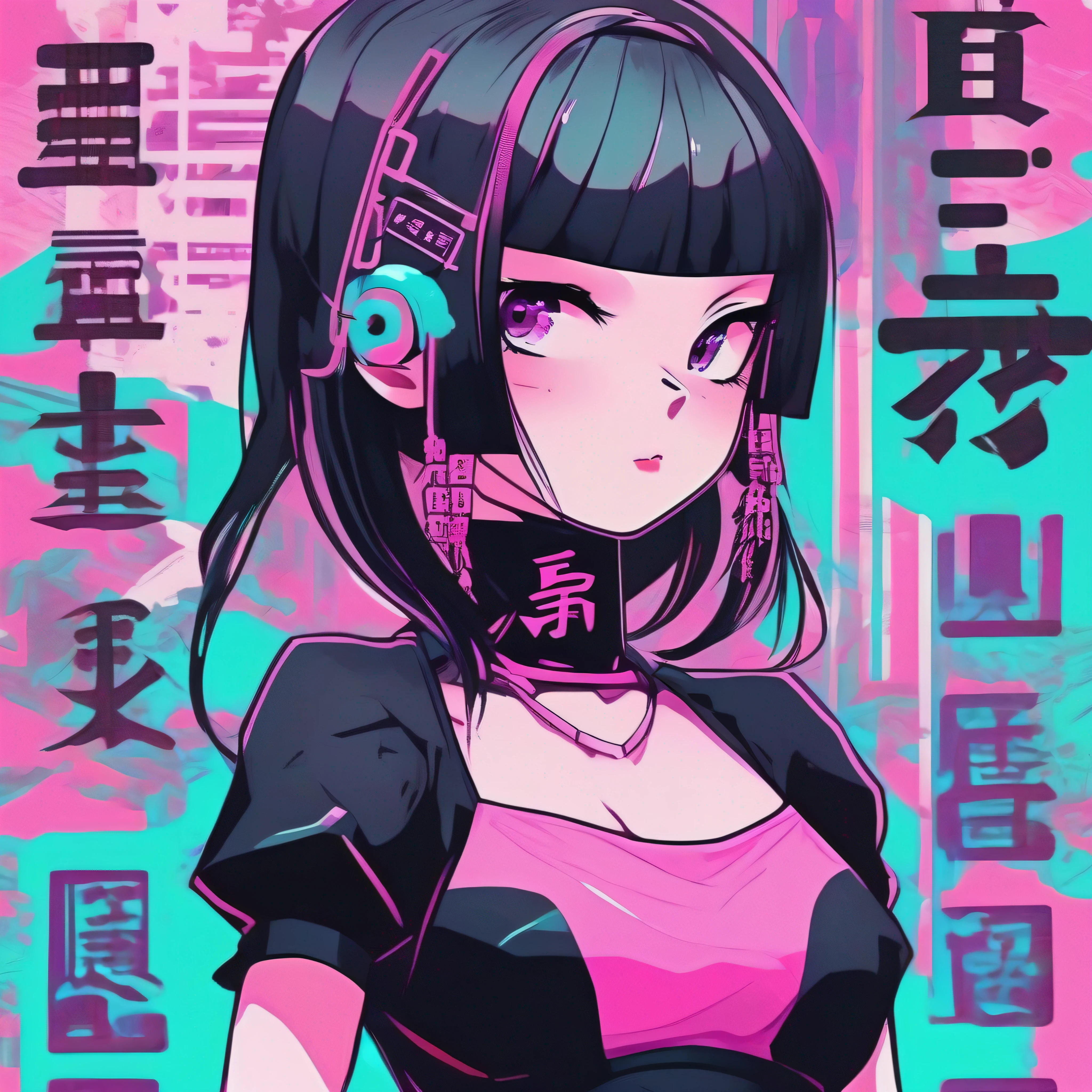a girl in black and pink with some japanese writing on it, in the style of retro-futuristic propaganda, purple and cyan, anime aesthetic, steelpunk, comic art, qing dynasty, experimental form