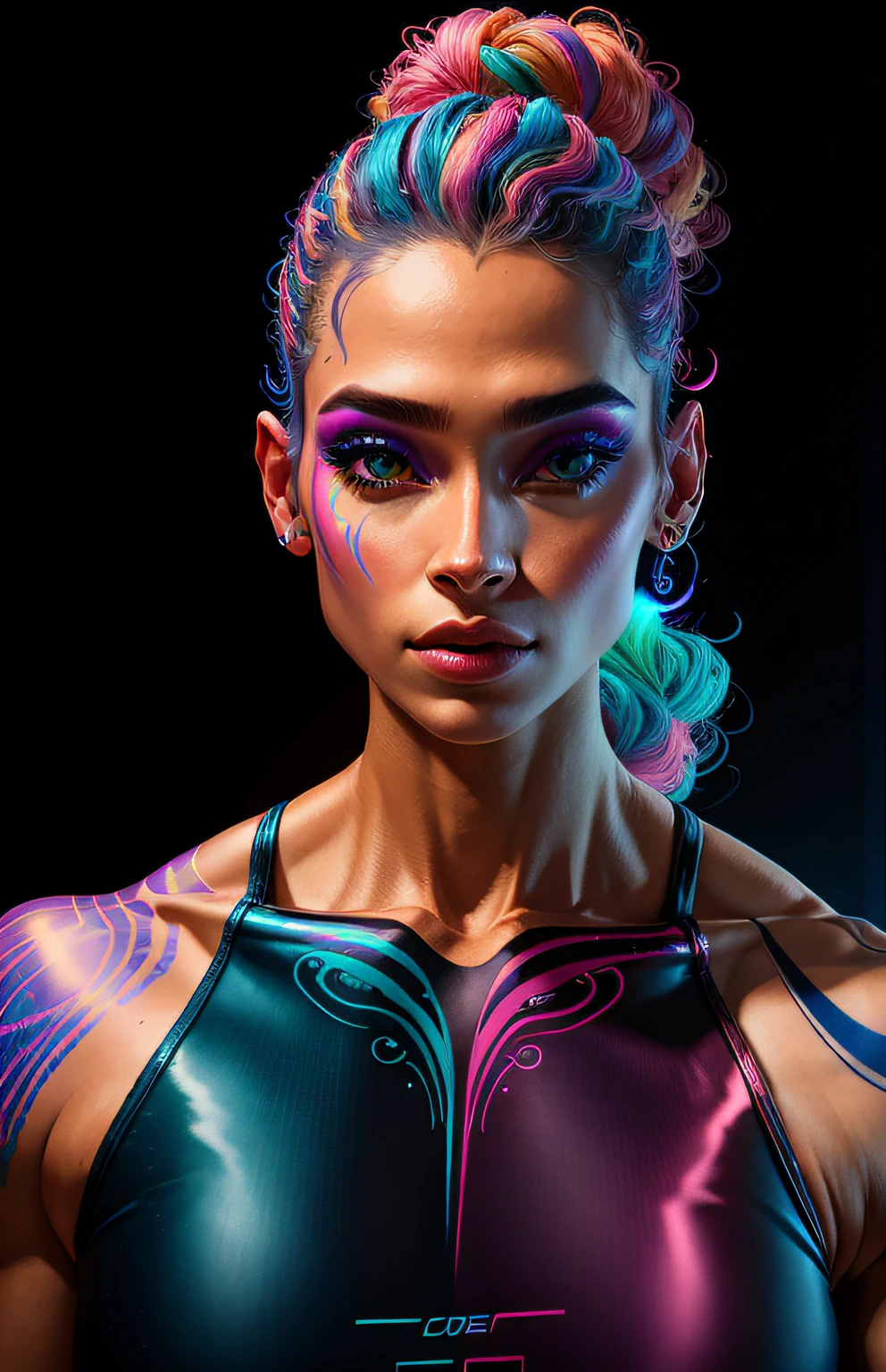foto de corpo todo, estilo synthwave uma mulher elfa por agnes cecile, BODYBUILDER, design luminoso, cores pastel, gotejamentos de tinta, luzes de outono, orelhas perfeitas, olhos azuis