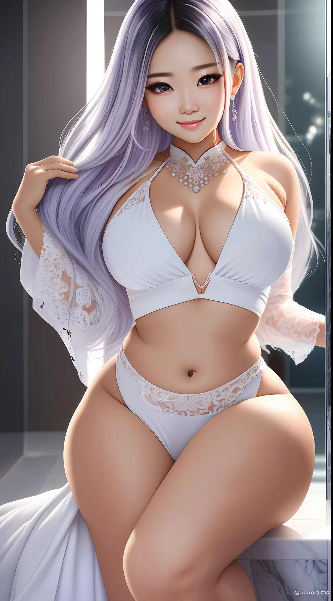 (chubby), gorda, (chinese girl), obra-prima, Ultra high resolution, Maximum quality, 8k, imagem de cinema, nitidez total, jovem chinesa, extremamente bonita, sozinha, (de corpo inteiro), (full body), chubby, quadris muito largos, coxas muito grossas, seios grandes, rosto muito detalhado, olhos muito detalhados, usando vestido curto, sorrindo, sexy, Same irises, studio illumination, luxurious white marble bathroom, Silky pellet, soft pellet, textura natural