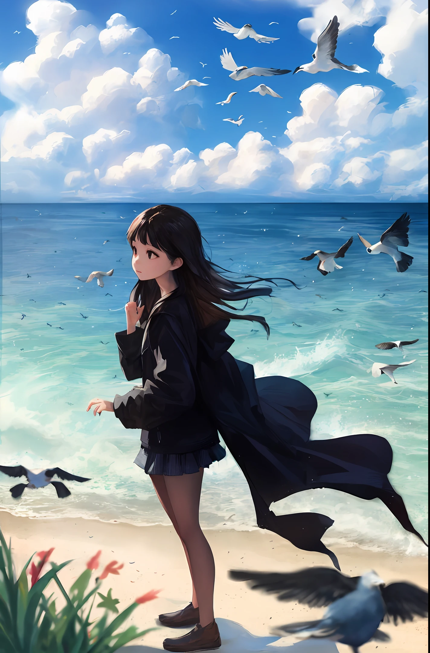 masterpiece best quality,1girl, an ocean with clouds and birds, day time, low depth field effect