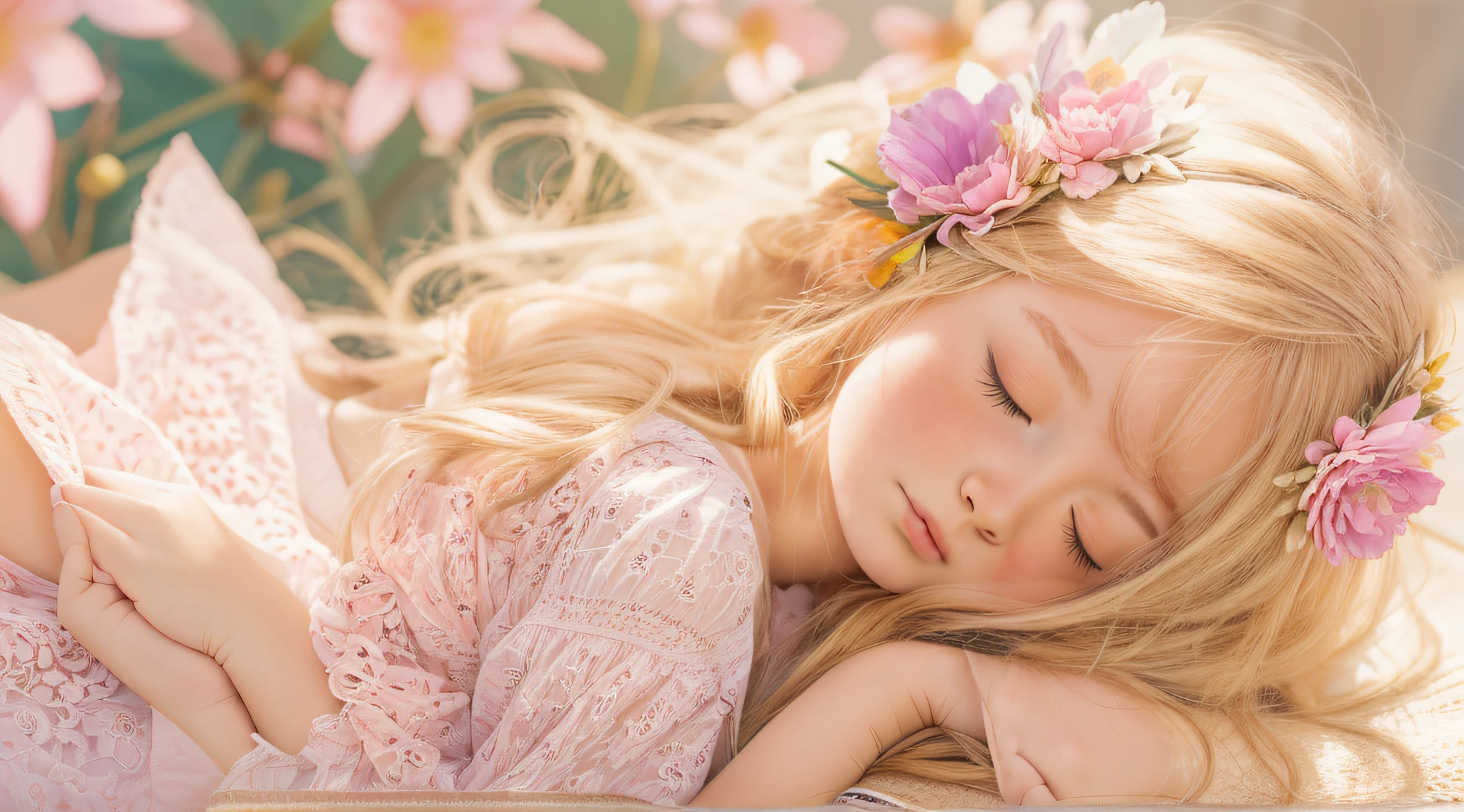 there is a young CHILD girl with a flower in her hair, beautiful languid princess, cute young girl, sleepy fashion model face, flower child, sleeping princess!!!!, girl with a flower head, beautiful young girl, beautiful young girl, beautiful young model, young woman with closed eyes, blond-haired princess, sleepy expression, beautiful girl, wearing a headband