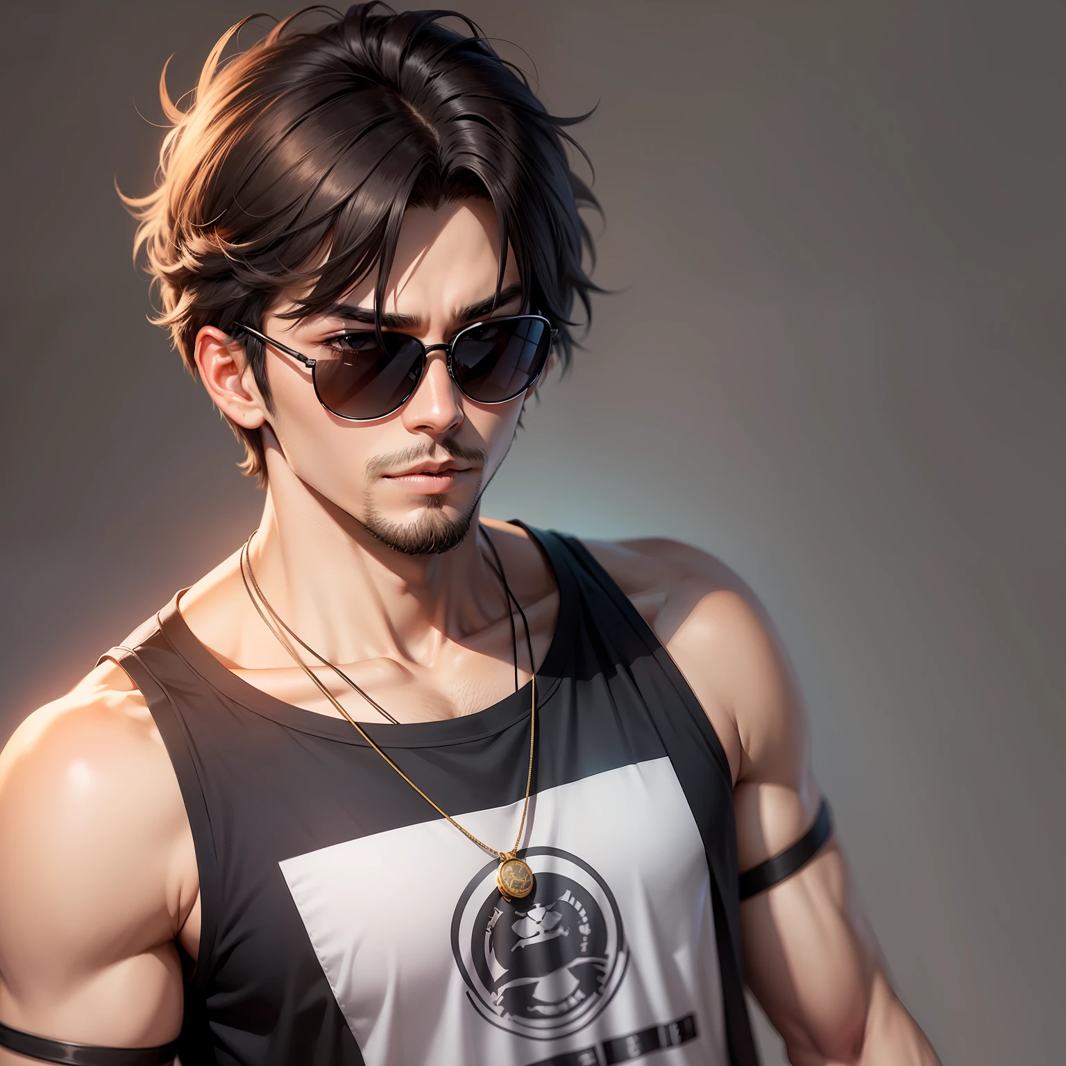Super best quality male characters。Cool and stylish with sunglasses and necklace30Male Japan teenager。He was wearing a plain black T-shirt.、It is characterized by a beard。Plain background、No tattoos。The hairstyle is short-haired。Coolest。bustup。