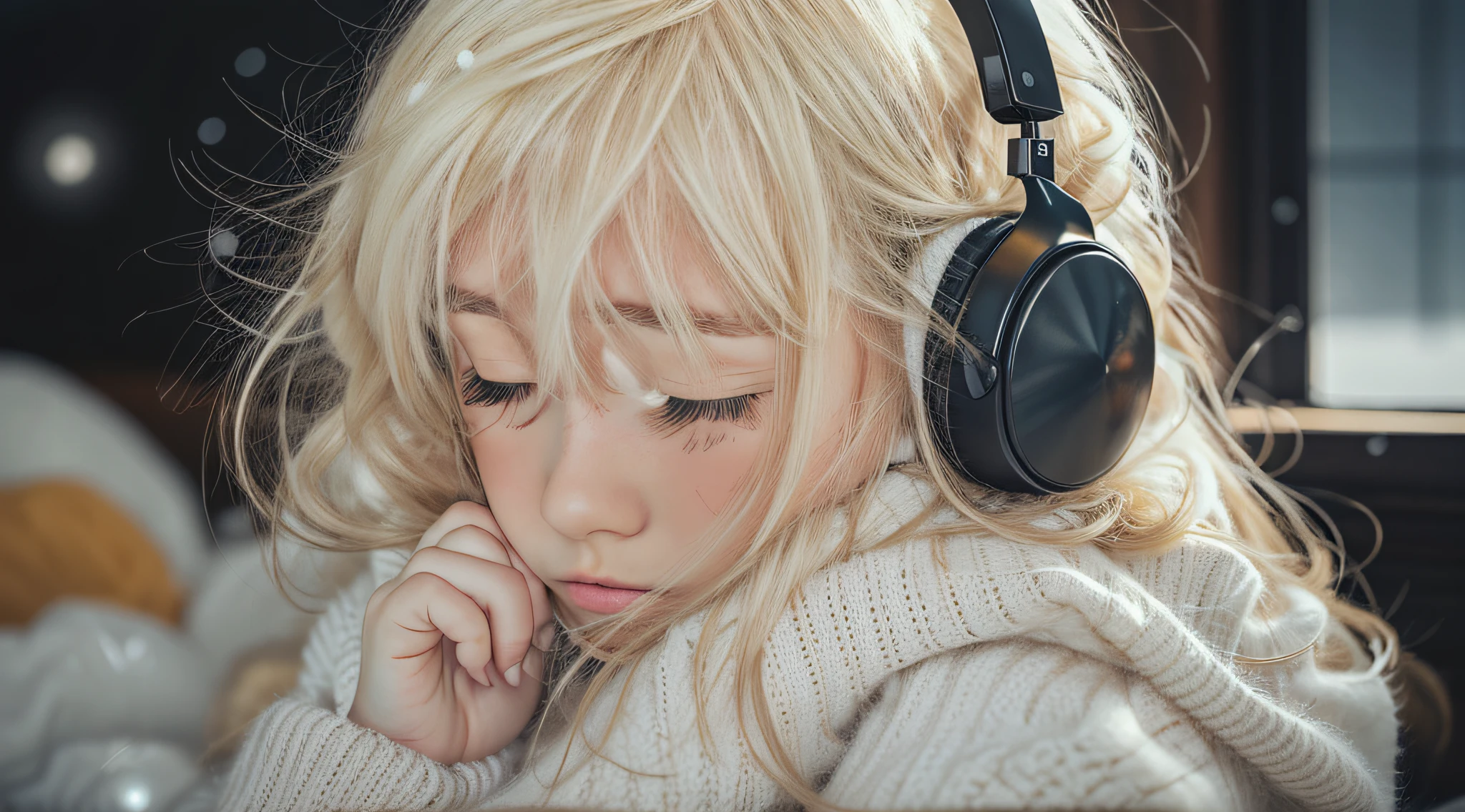 blond girl with long hair wearing a white sweater and black ear muffs, sleepy fashion model face, sleepy, sick with a cold, cold freezing nights, girl, girl, a cold, cut, cold, sad, fluffy bangs, cute young girl, young teen, kids, cute girl, lolicute, cold scene, teenager girl, asleep