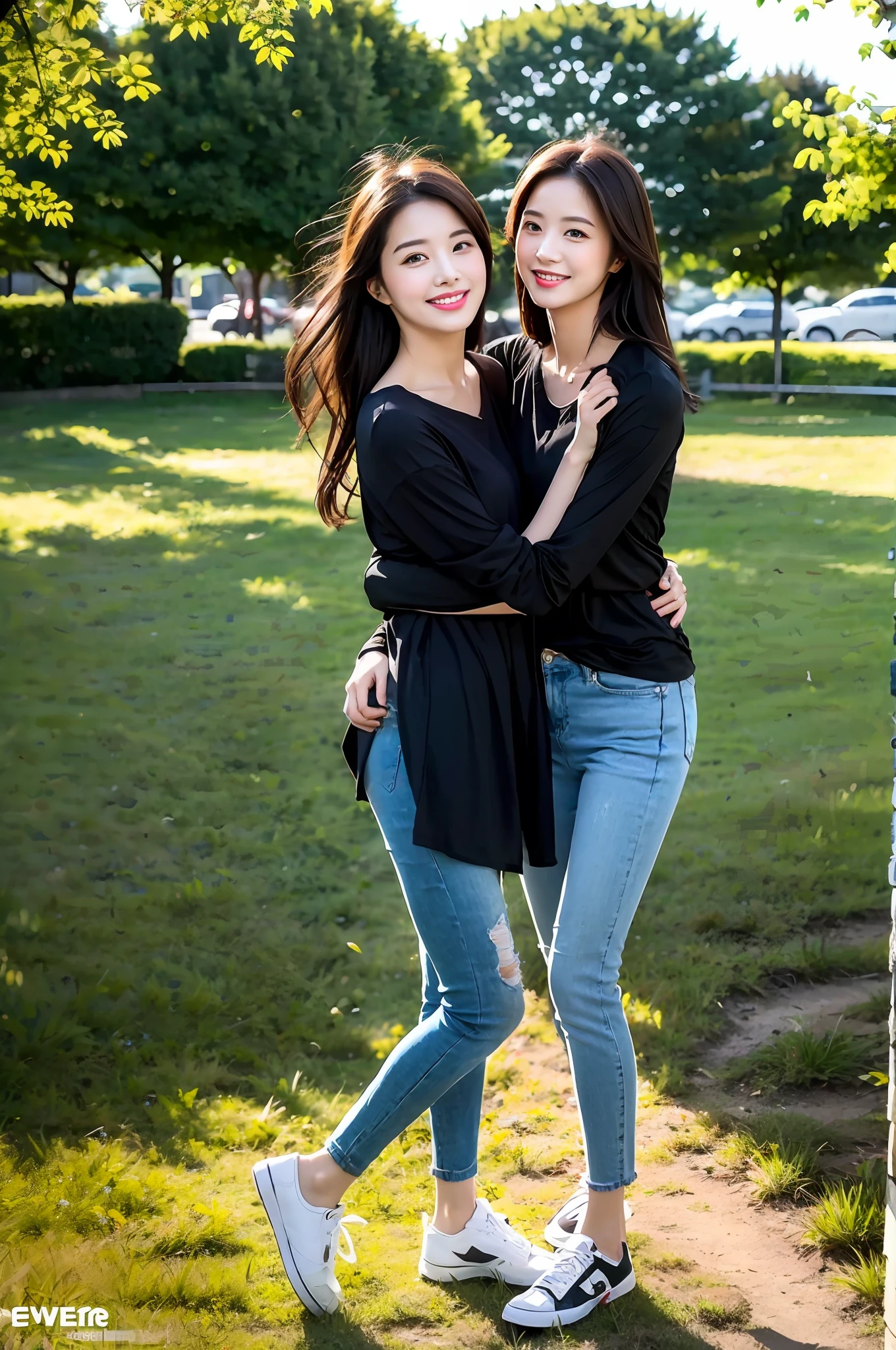 （RAW photogr，超高分辨率，tmasterpiece，best qualtiy：1.4），Complicated details，2 20 year old Korean girl，Wear a loose black T-shirt and skinny jeans，Stand on the grass and take pictures，hugs，Intimate relationships，Detailed meadow，A sweet smile on a small face，The face and skin are pink and fair，Ultra-realistic facial details，Playful and coquettish pose，The calves are straight and slender:1.5，Wear high-end branded colorful travel shoes:1.5，eventide，warm color，Broad lighting，naturalshadow，taking a full body photo:1.8