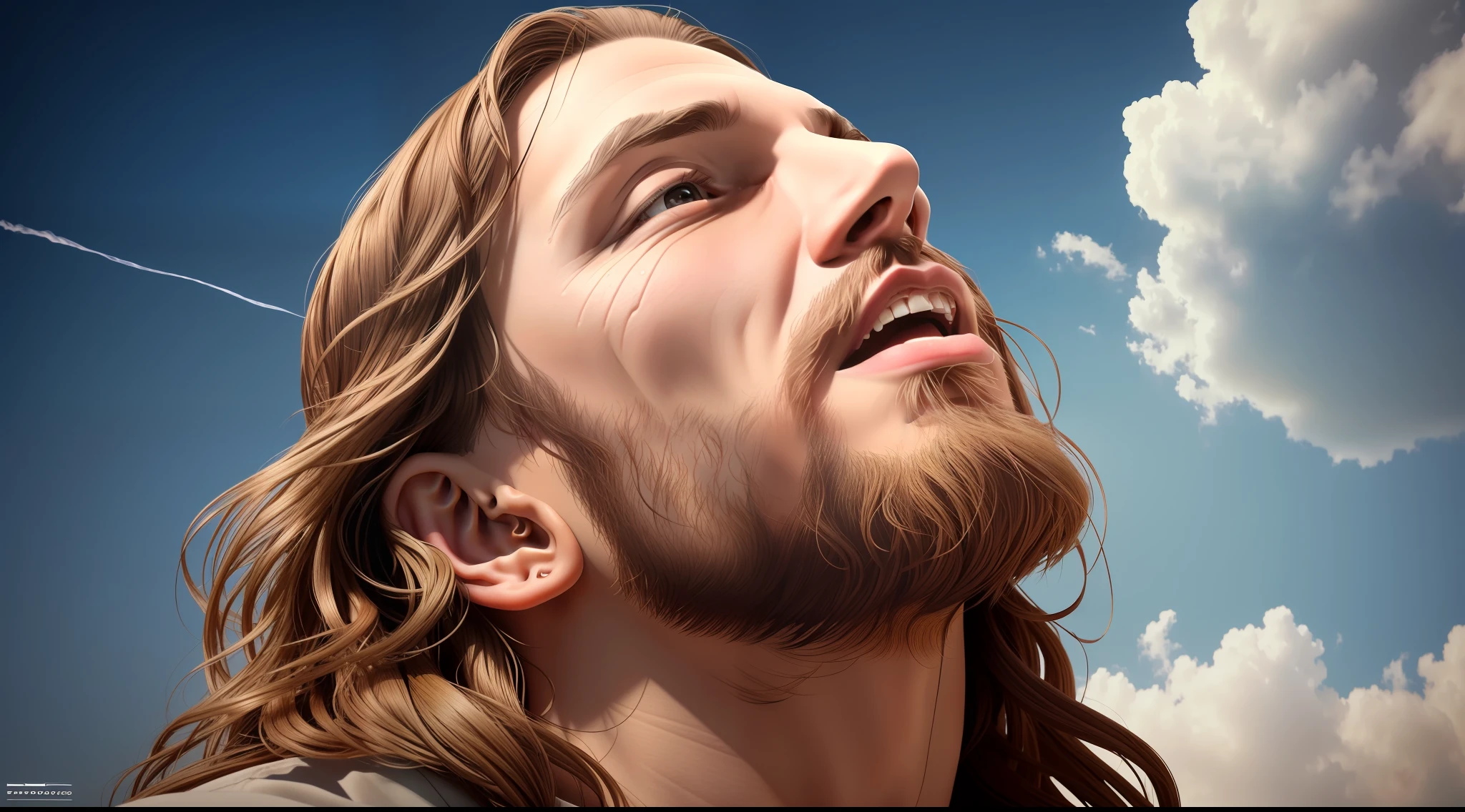 Award-winning realistic photo of Jesus Christ (looking up at the sky:1.3), expression conveying a sense of satisfaction and victory, hyper detailed 4k