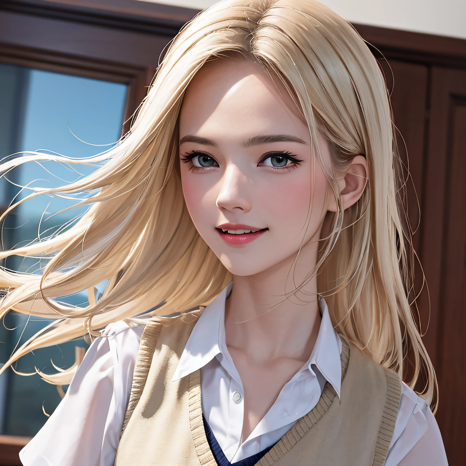 (8K, RAW Photos, of the highest quality, Masterpieces: 1.2), (Realistic, Photorealistic: 1.37), Highest Quality, Ultra High Resolution, light  leaks, Dynamic lighting, Slim and smooth skin, (Full body:1.3), (Soft Saturation: 1.6), (Fair skin: 1.2), (Glossy skin: 1.1), Oiled skin, 22 years old, Night, shiny white blonde, Well-formed, Hair fluttering in the wind, Close-up shot of face only, Physically Based Rendering, From multiple angles, A big smile, School uniform, Pleated skirt, Beige vest, thunderstorm, The Flash,