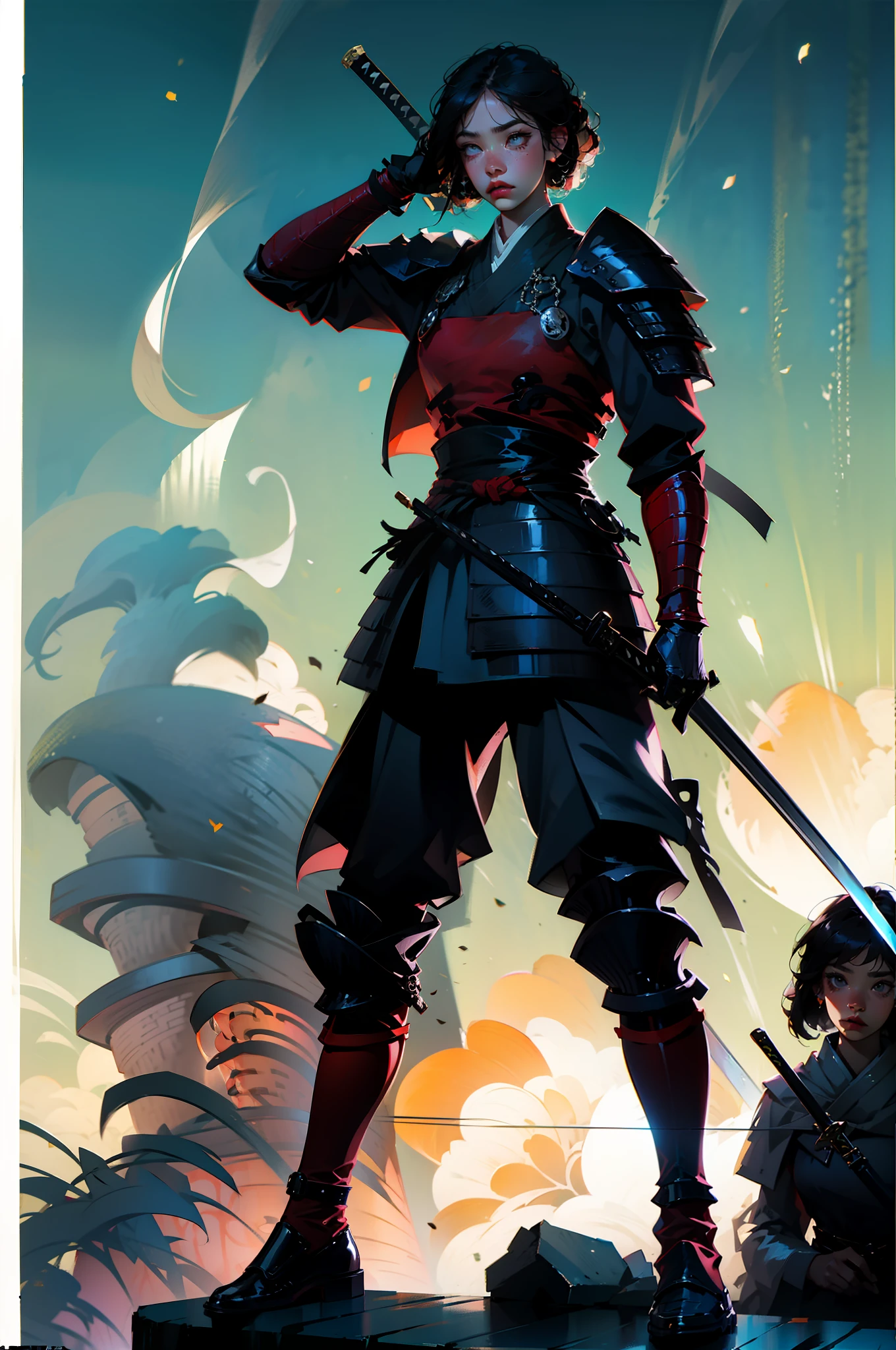 An ancient japanese female general with a sword in her hand, samurai , samurai girl, grim expression, full body, clear facial features, amazing facial features, red robe, armor, boots, game model, stunning lighting, C4D, OC rendering, movie edge light, delicate light, masterpiece, super detail, epic composition, super high-definition, high quality, highest quality, 32k