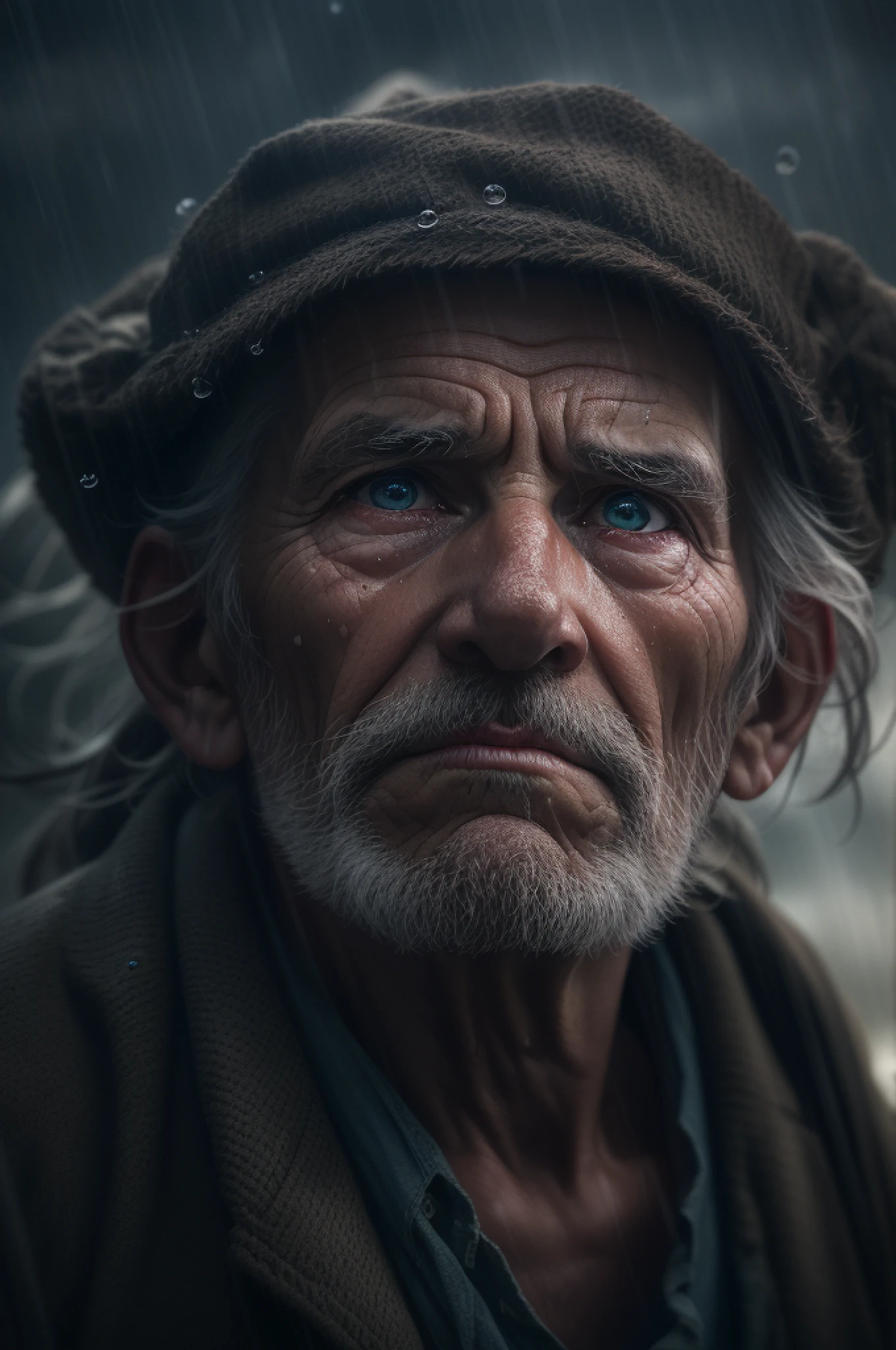 (sharp focus:1.2), an award winning photo of an old man peasant, water droplets, thunderstorm outside, lightning back lighting, , lines on face, wrinkles, extremely detailed skin, sadness, hopelessness ,cloudy eyes, (deep shadows:1.1), high contrast, beautiful eyes, absurdres, 8k, (high quality:1.3), , artstation hd, concept art, detailed face and body, award-winning photography, (moody lighting:1.2), depth of field, bokeh, 4K, HDR