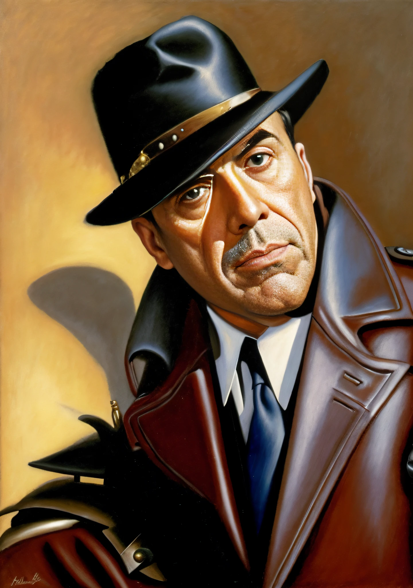 Colorful oil painting by actor Humphrey Bogart, Estilo Fernando Botero, masculino, Rasgos ultra faciales detallados, Sharp symmetrical eyes, piel suave, cinematography, extremadamente detallado, ultra realista, Motor irreal, fotorrealista, steampunk, Obra maestra de Mystic Light Light Steam