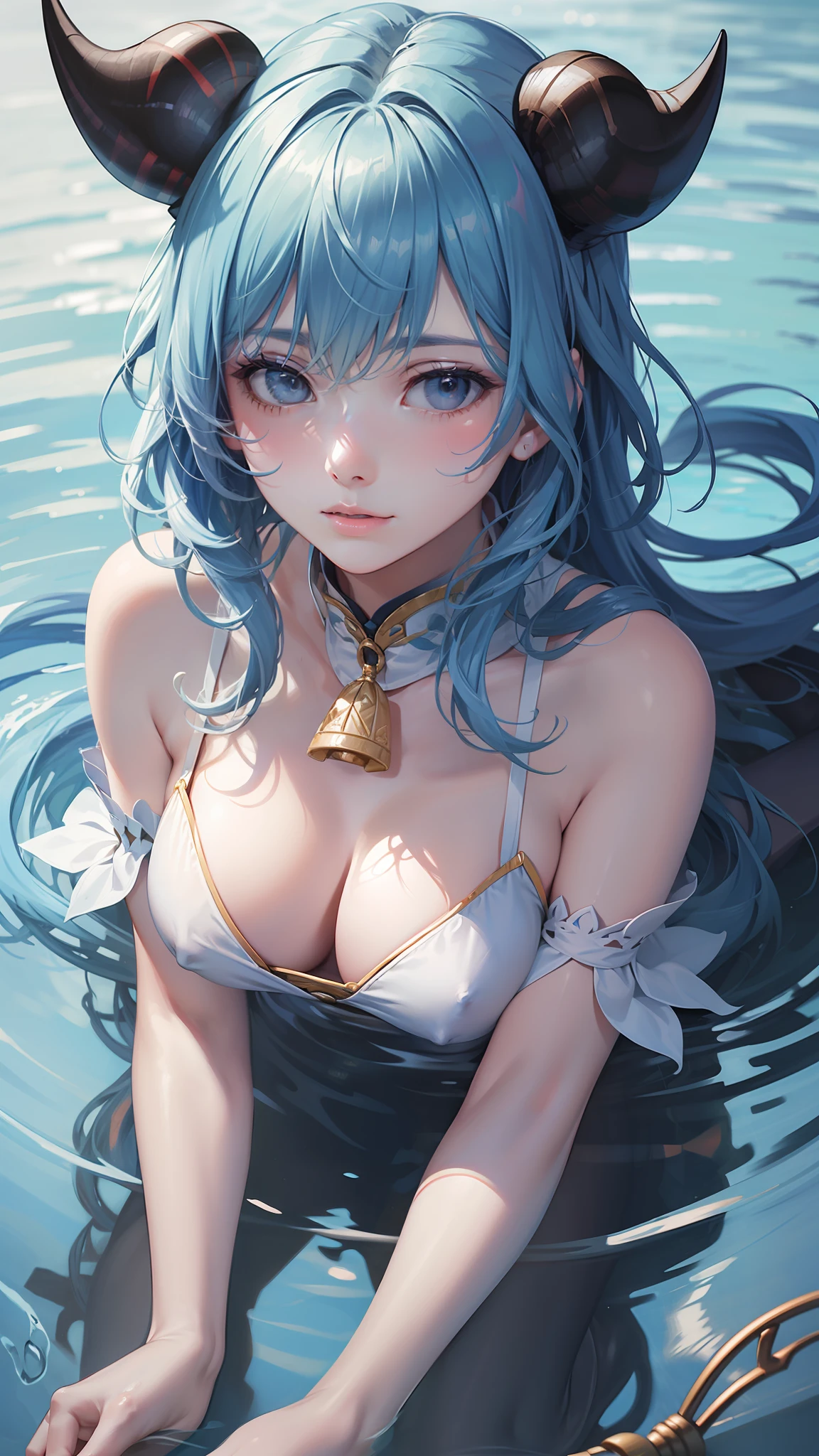 photorealistic:1.49, film grain:1.49, (masterpiece), (intricate details), 1girl, solo, mature female, large breasts, ganyu, ((light blue hair)), goat horns, white sleeves, ((white top)), half body portrait, half body, lying, lying on water, drawn, face at water, hair on water, messy hair, (best quality), looking at viewer, view from above, head on water,