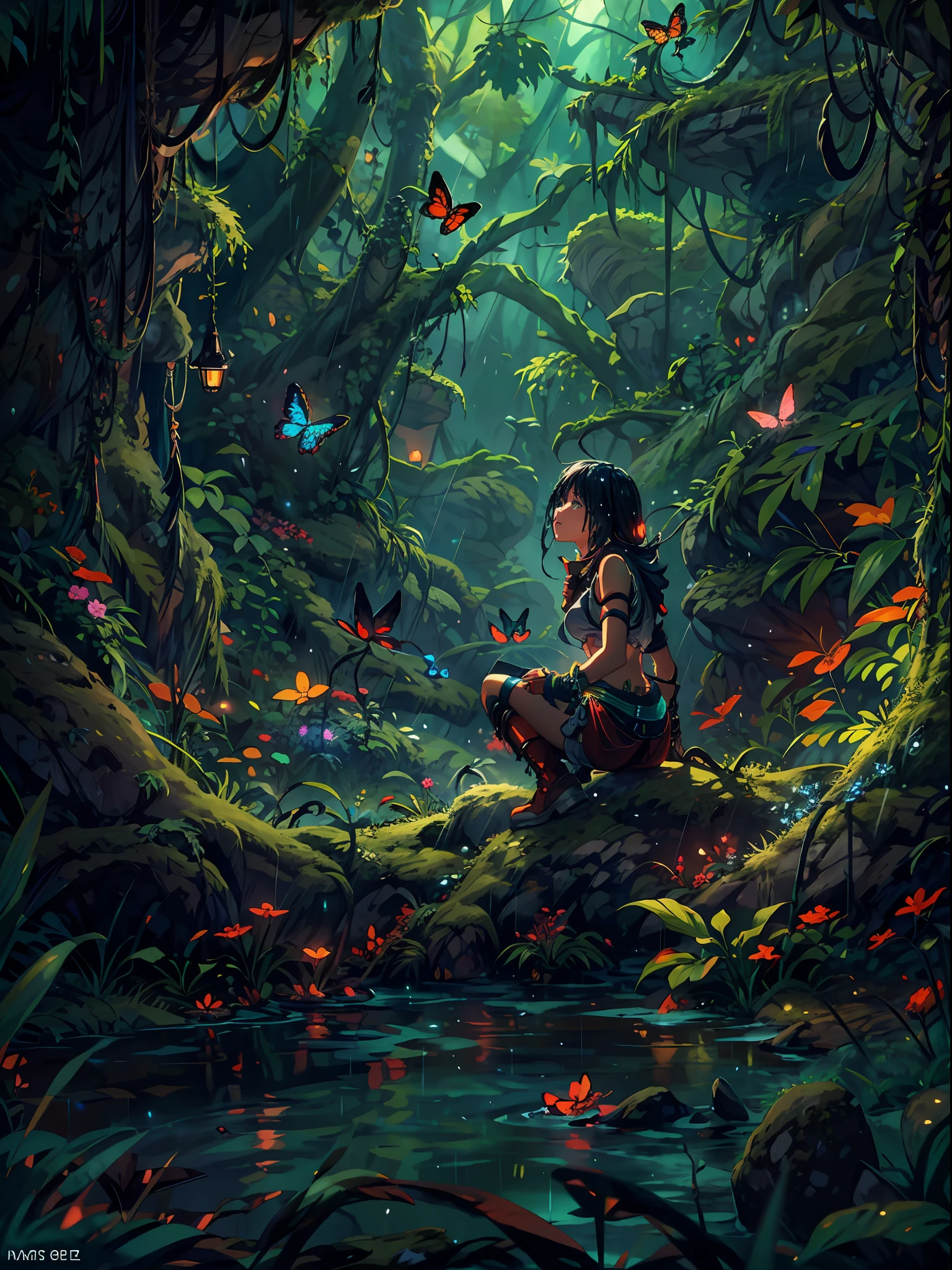 Night time, rain forest, jungle, big leafy trees, green vines and moss, bushy, a girl standing on a wet ground inside a forest, looking up the sky, turn back to viewers,from behind butterfly, fireflies, (girl focus:0.7) BREAK,Detailed,Realistic,4k highly detailed digital art,octane render, bioluminescent, BREAK 8K resolution concept art, realism,by Mappa studios,masterpiece,best quality,official art,illustration,ligne claire,(cool_color),perfect composition,absurdres, fantasy,focused, rule of thirds