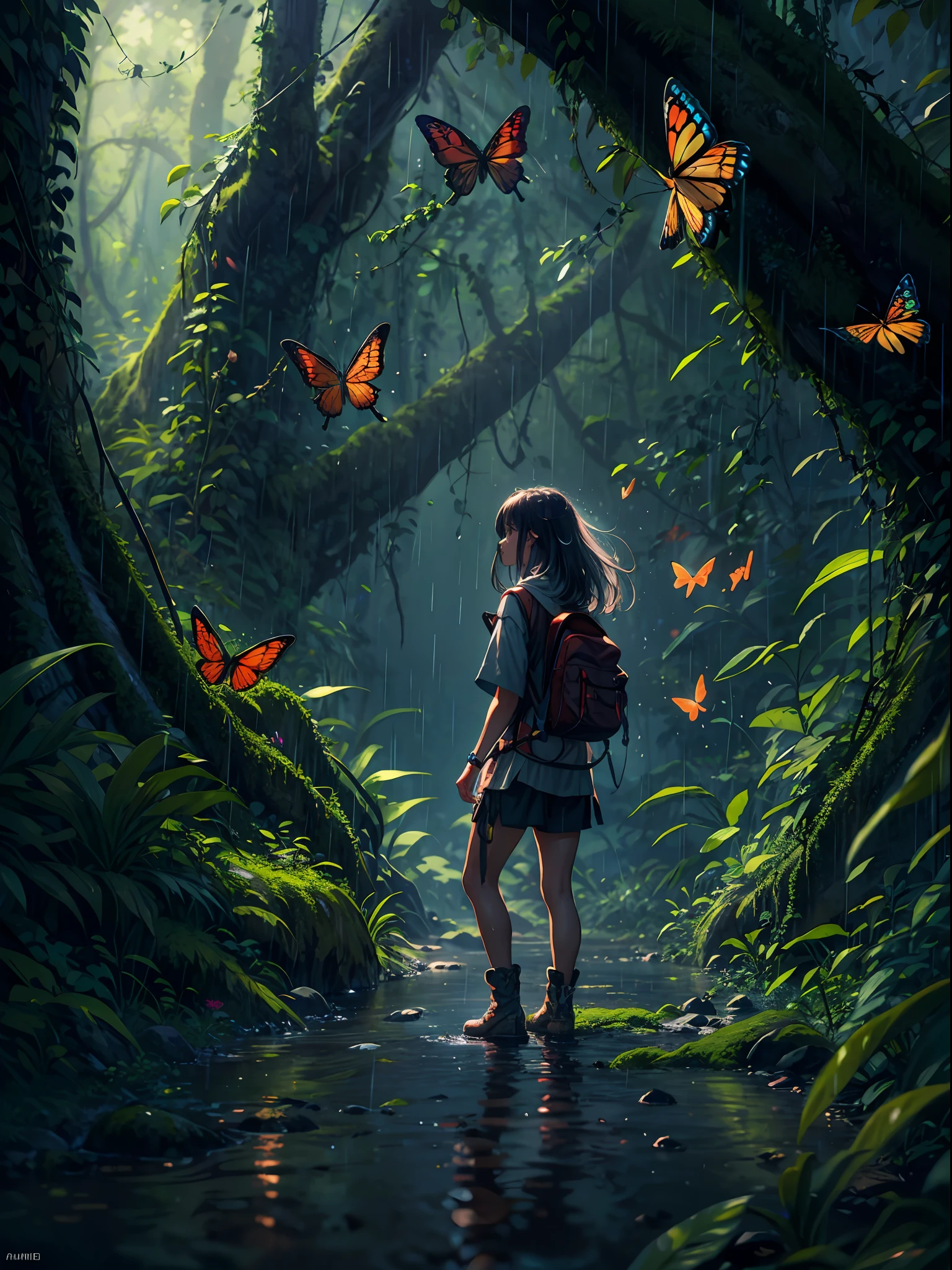 Night time, rain forest, jungle, big leafy trees, green vines and moss, bushy, a girl standing on a wet ground inside a forest, looking up the sky, turn back to viewers,from behind butterfly, fireflies, (girl focus:0.7) BREAK,Detailed,Realistic,4k highly detailed digital art,octane render, bioluminescent, BREAK 8K resolution concept art, realism,by Mappa studios,masterpiece,best quality,official art,illustration,ligne claire,(cool_color),perfect composition,absurdres, fantasy,focused, rule of thirds
