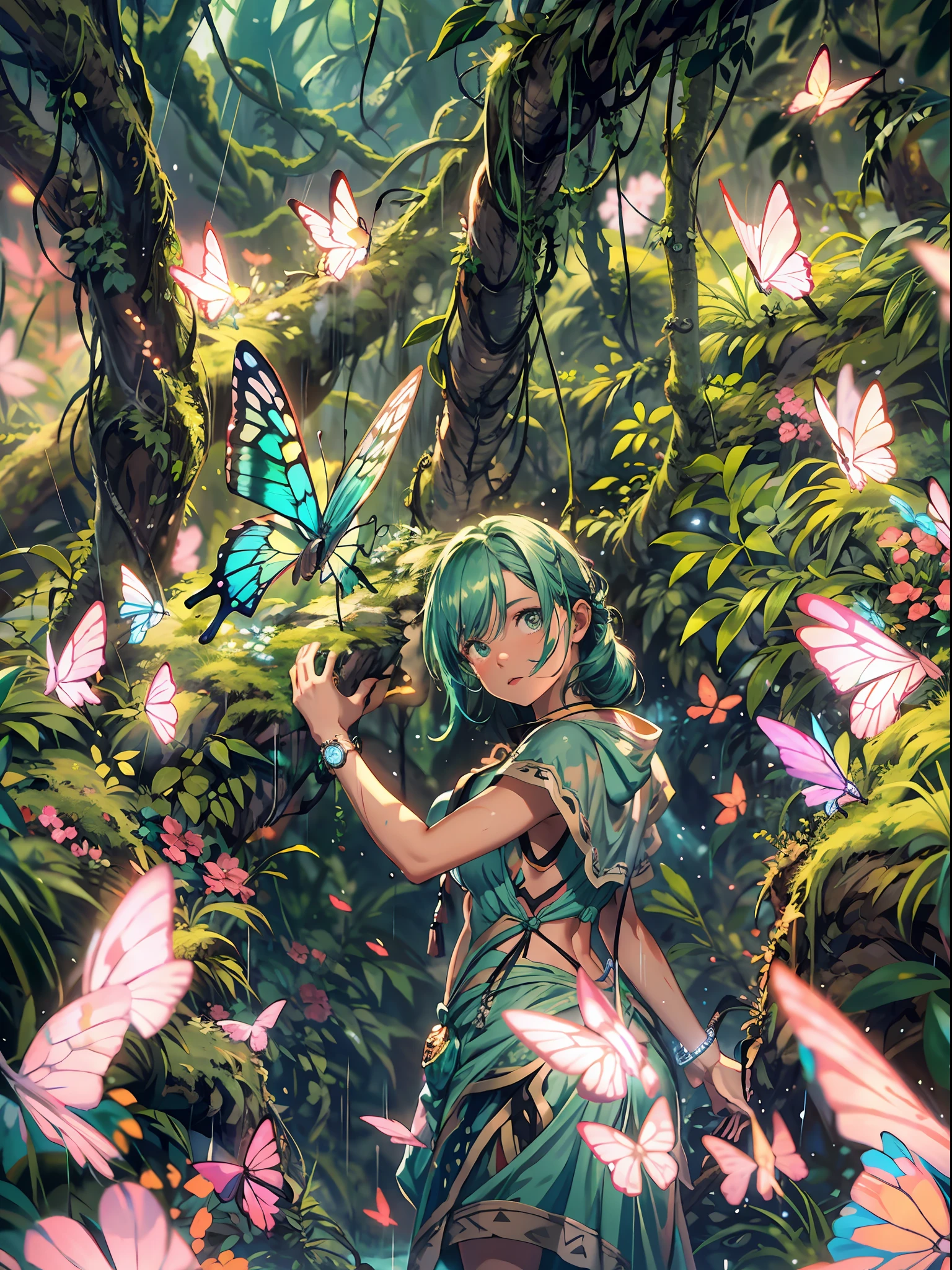 Night time, rain forest, jungle, big leafy trees, green vines and moss, bushy, a girl standing on a wet ground inside a forest, looking up the sky, turn back to viewers,from behind butterfly, fireflies, (girl focus:0.7) BREAK,Detailed,Realistic,4k highly detailed digital art,octane render, bioluminescent, BREAK 8K resolution concept art, realism,by Mappa studios,masterpiece,best quality,official art,illustration,ligne claire,(cool_color),perfect composition,absurdres, fantasy,focused, rule of thirds