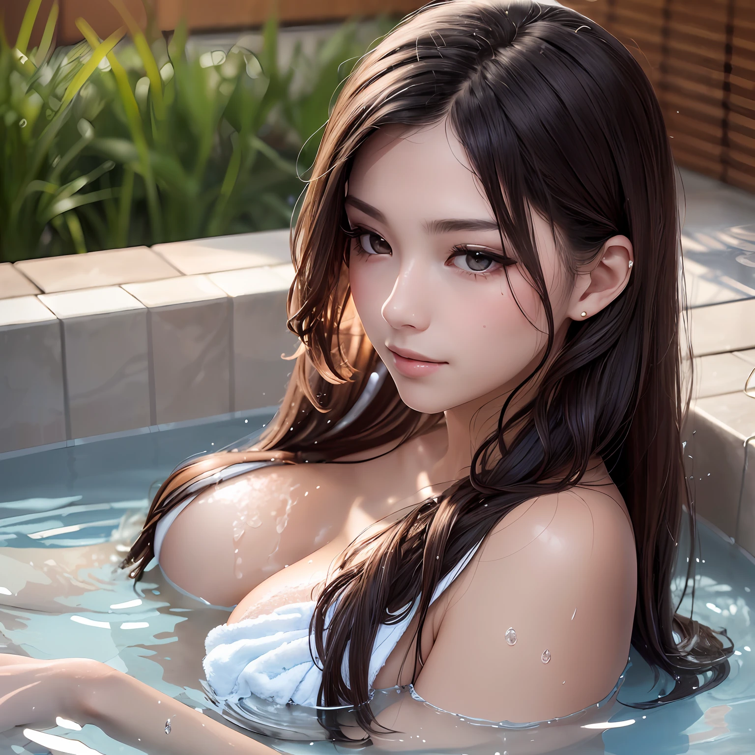 (8K), (Best Quality: 1.2), (Realistic), (Photorealistic: 1.37), Ultra High Definition, 1 Girl, Closed Mouth, Beautiful Details, Beautiful Nose in Detail, Best Image Quality, Outstanding Detail, Ultra High Resolution, Prefer Detail, Highly Condensed 1girl, Delicate and Beautiful Face, Long Hair, Tousled Hair, Japan Hot Spring, Take out of the water, Wrap your whole body tightly with a bath towel, big, blush, cleavage